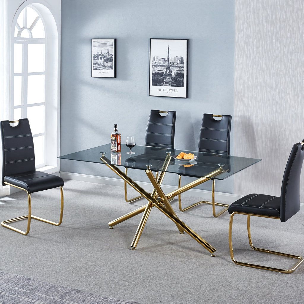 RECTANGULAR DINING TABLE 10 MM CLEAR TEMPEREDGLASS 201 STAINLESS STEEL GOLD/SILVER MIRRORED FINISH SIZE:63.0"Lx35.4"Dx29.5"H