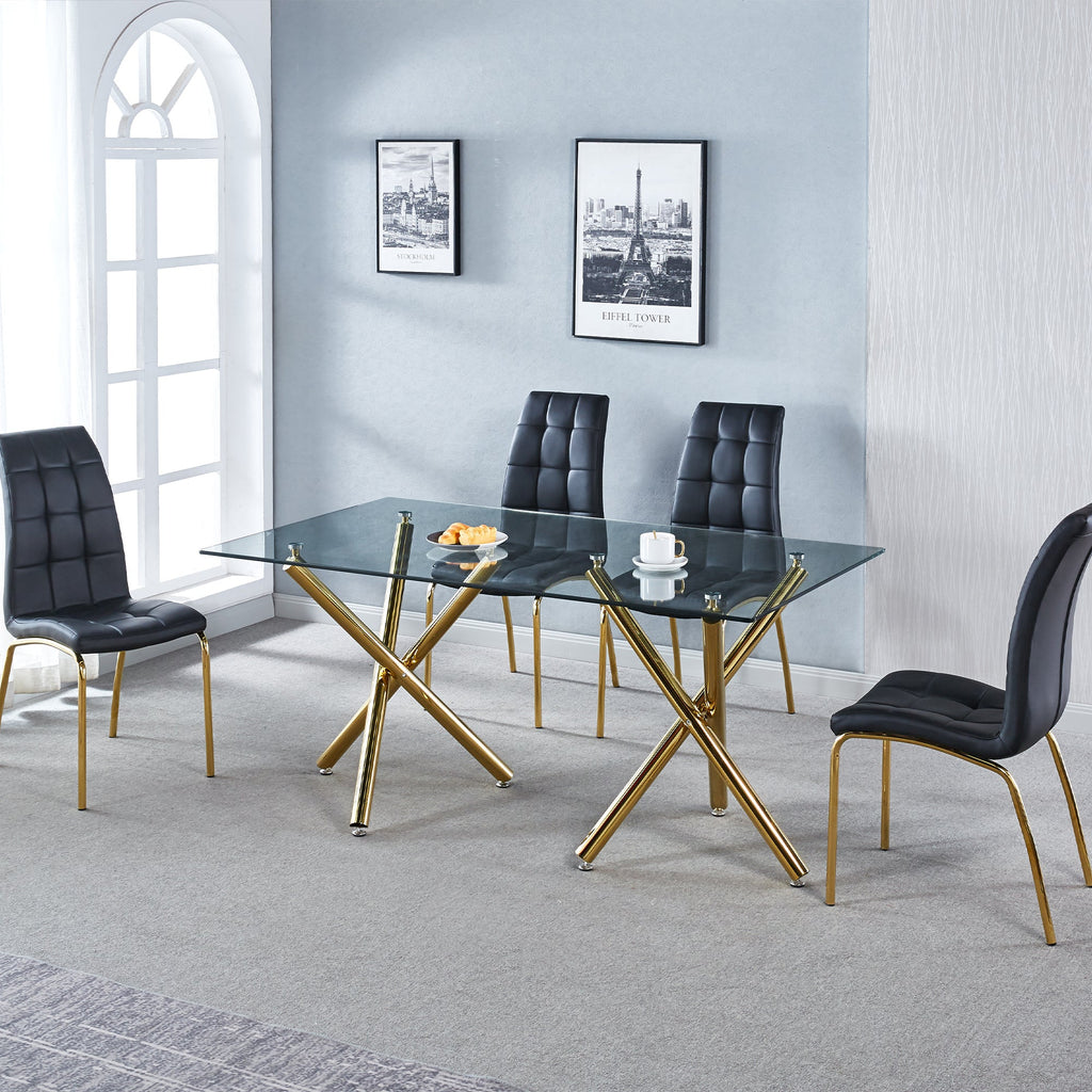 RECTANGULAR DINING TABLE 10 MM CLEAR TEMPEREDGLASS 201 STAINLESS STEEL GOLD/SILVER MIRRORED FINISH SIZE:63.0"Lx35.4"Dx29.5"H