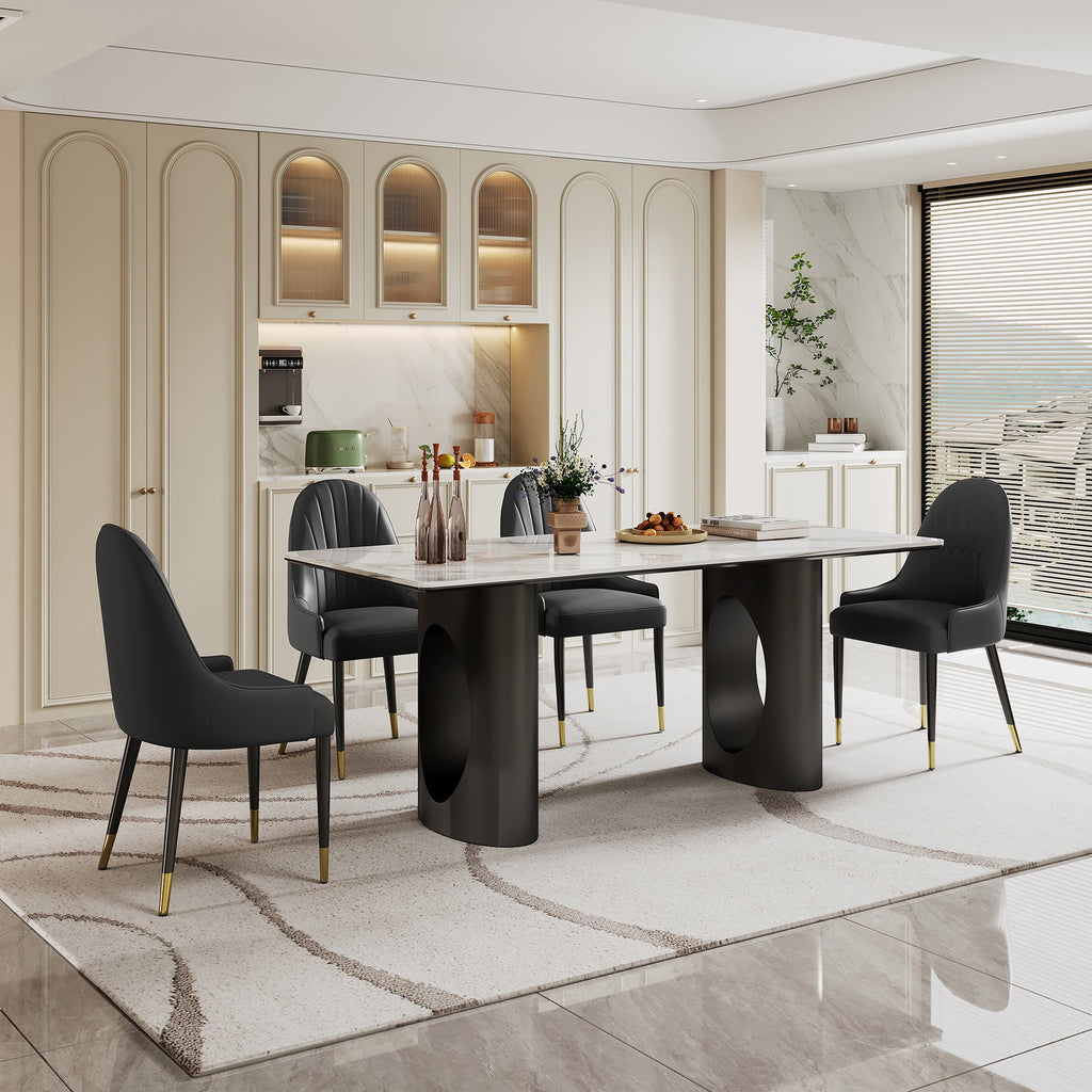 RECTANGULAR DININ G TABLE 6MM WHITE ROCK PLATE 6MM BLACK TEMPERING GLASS 15MM MDF PANEL WHITE/BLACK METAL TABLE LEGS SIZE:70.9"Lx31.5"Dx29.9"H