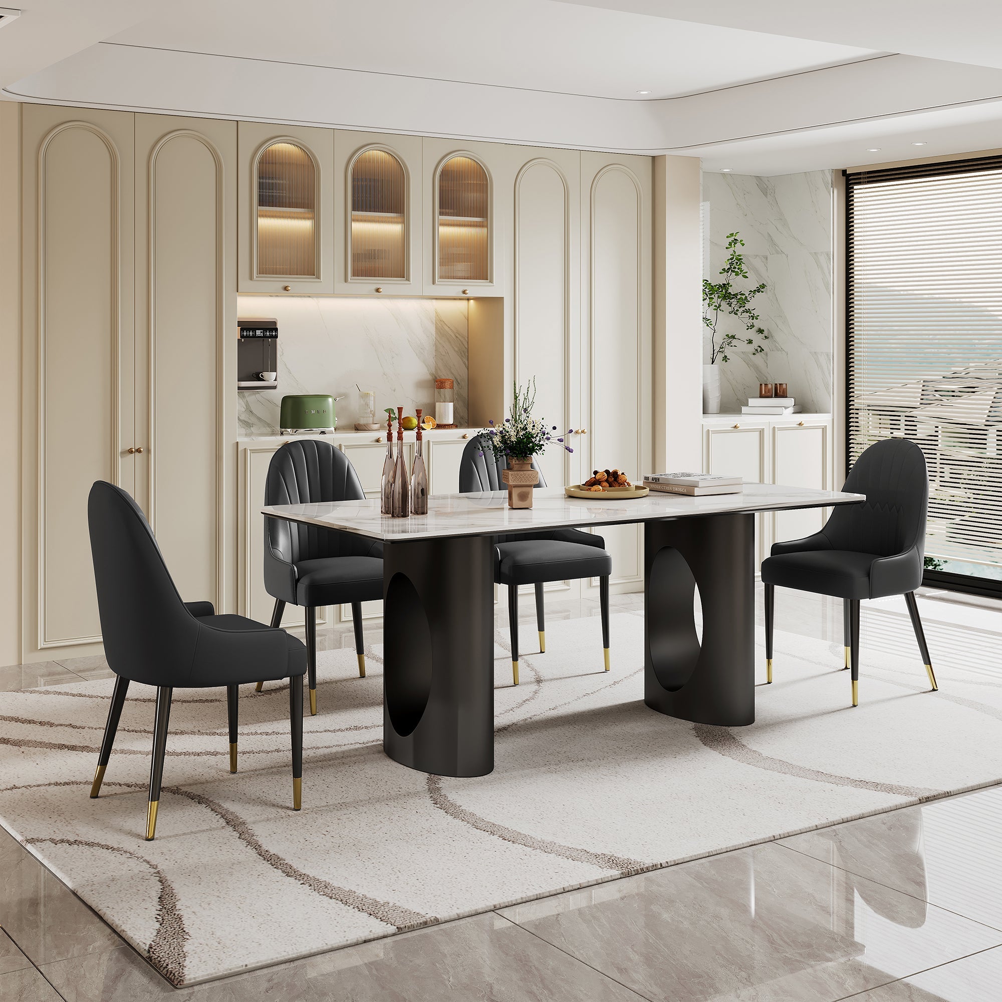 RECTANGULAR DININ G TABLE 6MM WHITE ROCK PLATE 6MM BLACK TEMPERING GLASS 15MM MDF PANEL WHITE/BLACK METAL TABLE LEGS SIZE:70.9"Lx31.5"Dx29.9"H