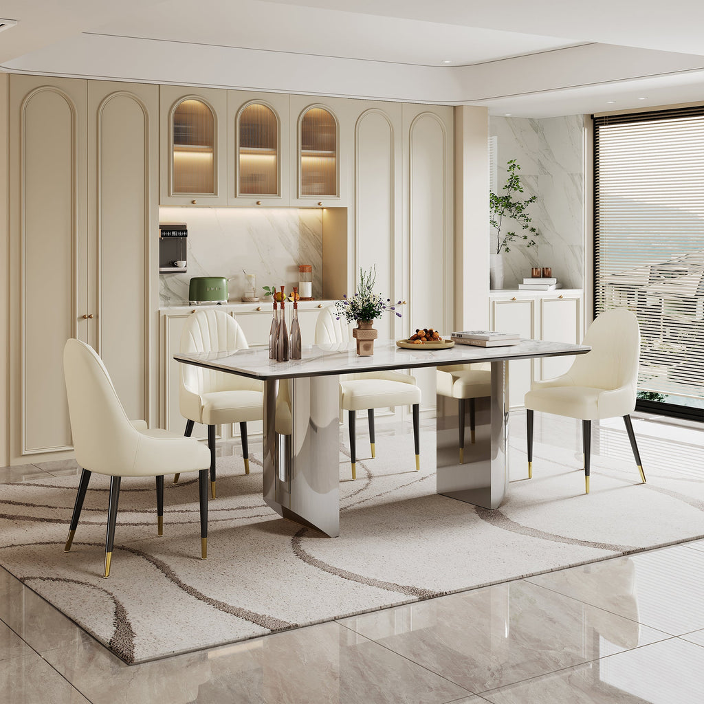 RECTANGULAR DINING TABLE 6MM WHITE ROCK PLATE 6MM BALCK TEMPERING GLASS 15MM MDF PANEL 201 STAINLESS STEEL GOLDEN/SILVER/BLACK  BRUSHED SIZE:70.9"Lx31.5"Dx29.9"H