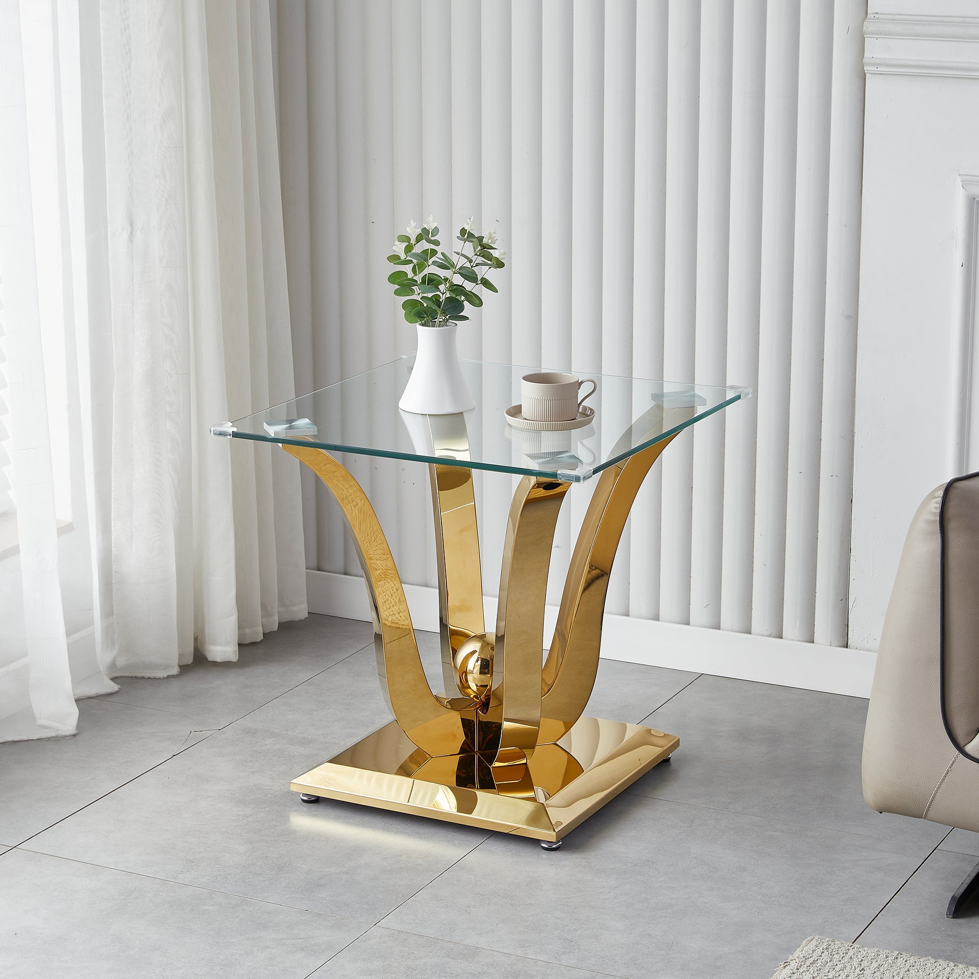 END TABLE 10 MM TEMPERED GLASS 201 STAINLESS STEEL GOLD/SILVER MIRROREDFINISH SIZE:23.6"Lx23.6"Dx22.8"H