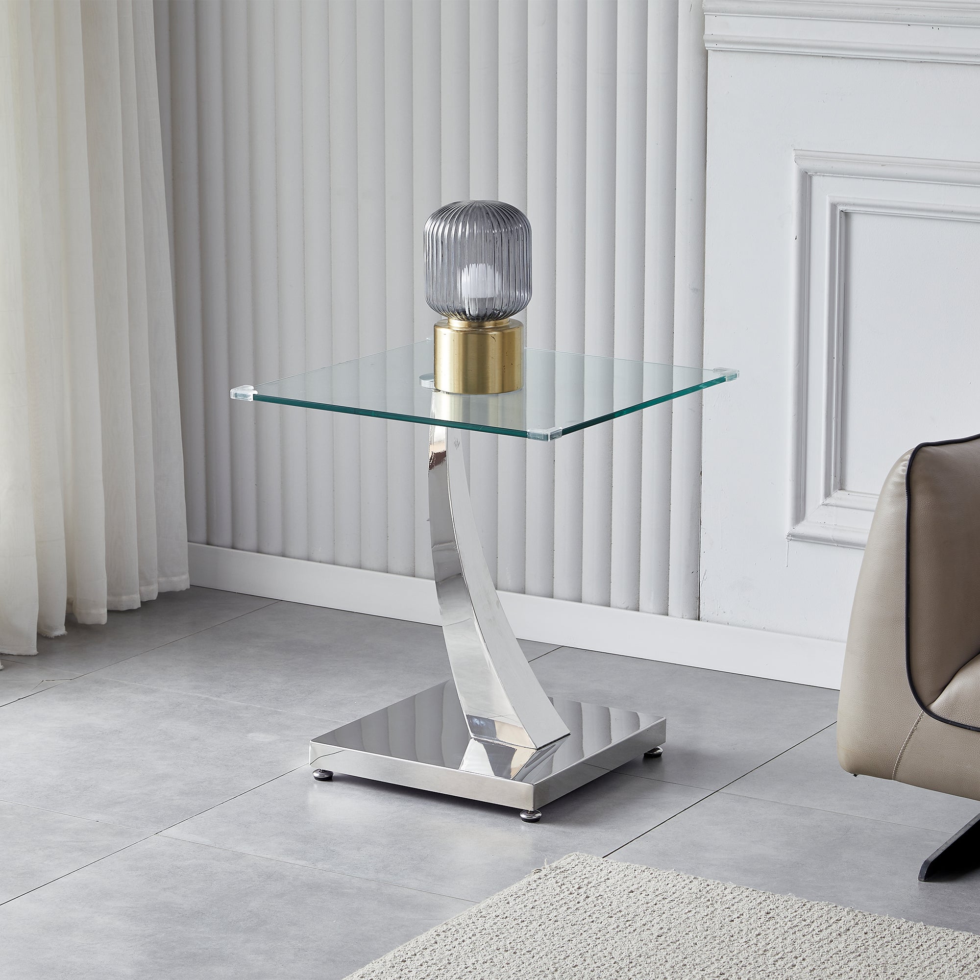 END TABLE 10 MM TEMPERED GLASS 201 STAINLESS STEEL GOLD/SILVER MIRRORED FINISH SIZE:23.6"Lx23.6"Dx23.6"H