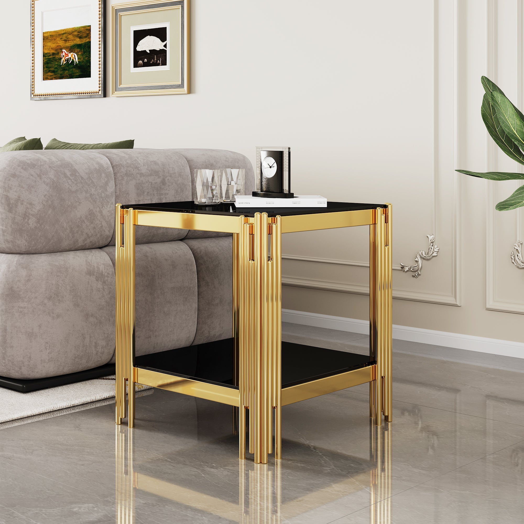 END TABLE 8 MM CLEAR/BLACK TEMPERED GLASS 201 STAINLESS STEEL GOLD/SILVER MIRROREDFINISH SIZE:19.7"Lx19.7"Dx21.7"H