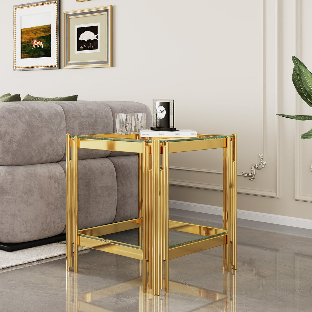 END TABLE 8 MM CLEAR/BLACK TEMPERED GLASS 201 STAINLESS STEEL GOLD/SILVER MIRROREDFINISH SIZE:19.7"Lx19.7"Dx21.7"H
