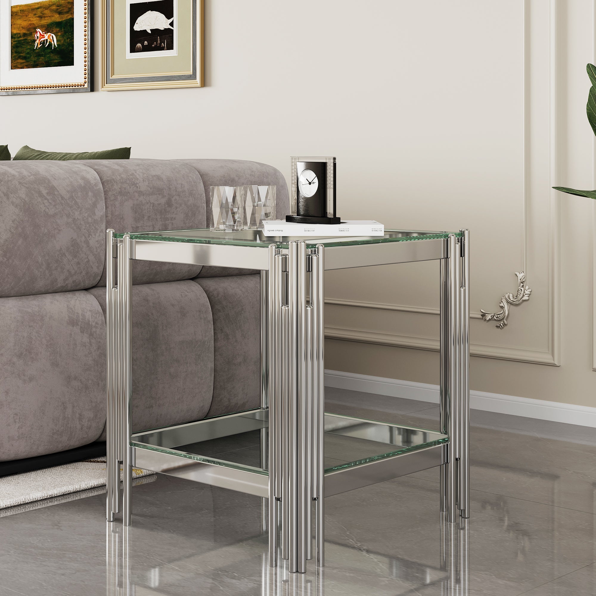 END TABLE 8 MM CLEAR/BLACK TEMPERED GLASS 201 STAINLESS STEEL GOLD/SILVER MIRROREDFINISH SIZE:19.7"Lx19.7"Dx21.7"H