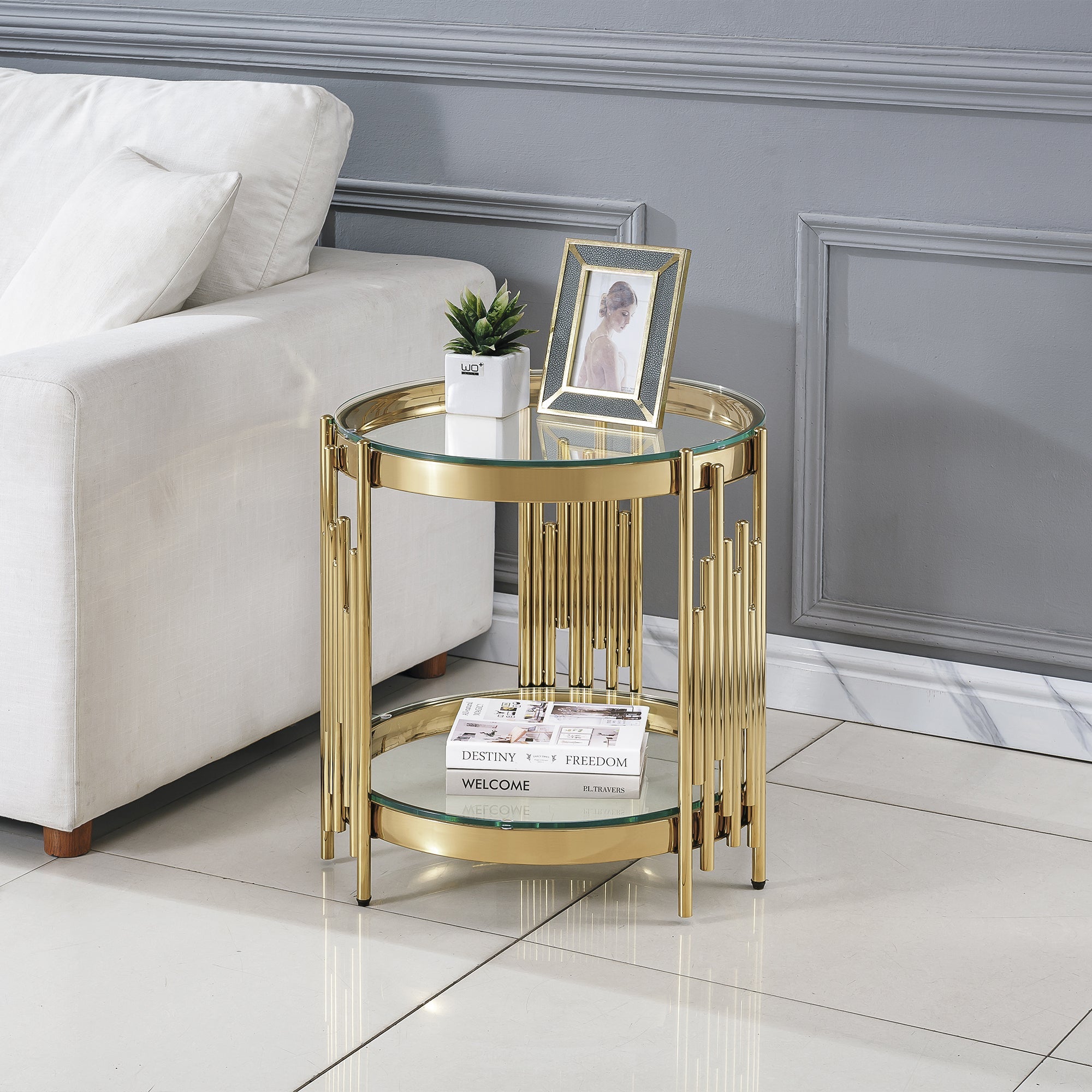 END TABLE 8 MM CLEAR/BLACK TEMPERED GLASS 201 STAINLESs STEEL GOLD/SILVER MIRRORED FINISH SIZE:19.7"Lx19.7"Dx21.7"H