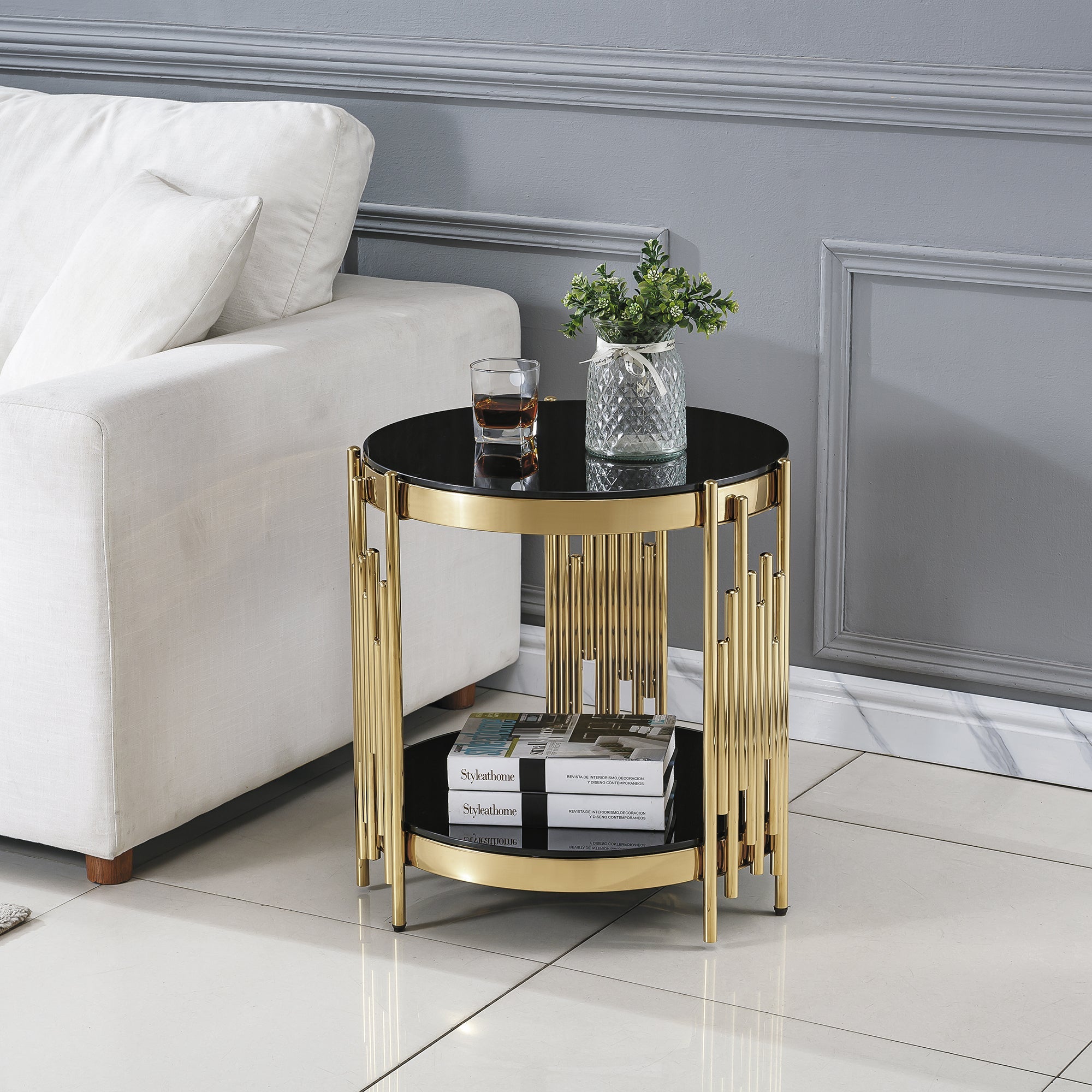END TABLE 8 MM CLEAR/BLACK TEMPERED GLASS 201 STAINLESs STEEL GOLD/SILVER MIRRORED FINISH SIZE:19.7"Lx19.7"Dx21.7"H