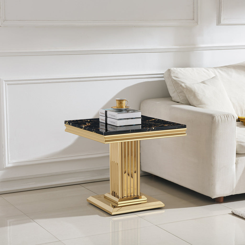 END TABLE 18 MM WHITE MARBLE 201 STAINLESS STEEL GOLD MIRRORED FINISH SIZE:23.6"Lx23.6"Dx21.7"H