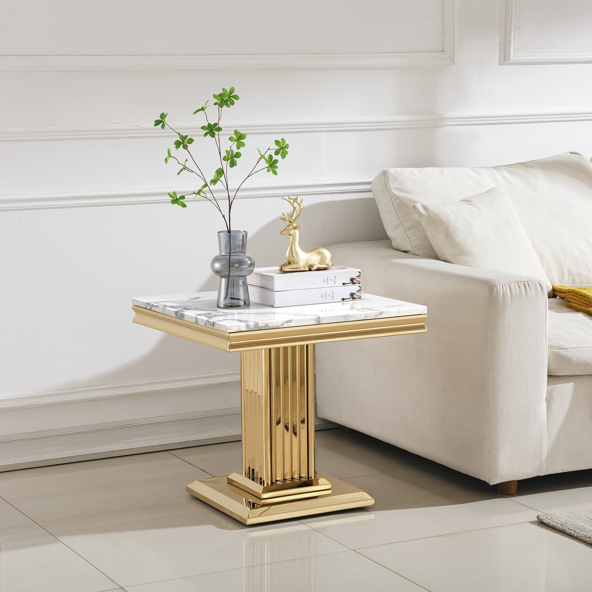 END TABLE 18 MM WHITE MARBLE 201 STAINLESS STEEL GOLD MIRRORED FINISH SIZE:23.6"Lx23.6"Dx21.7"H