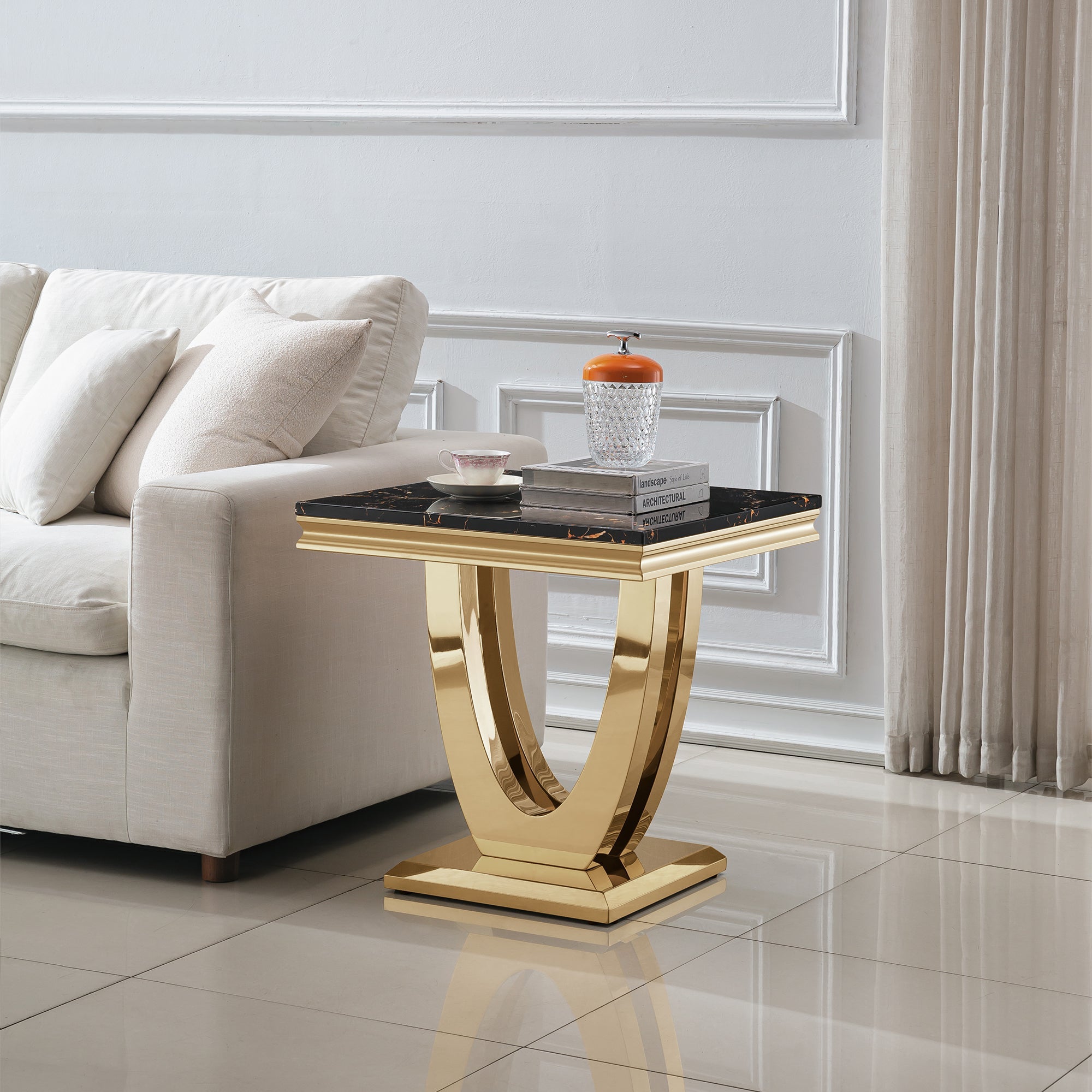 END TABLE 18 MM WHITE MARBLE 201 STAINLESS STEEL GOLD MIRRORED FINISH SIZE:23.6"Lx23.6"Dx22.8"H