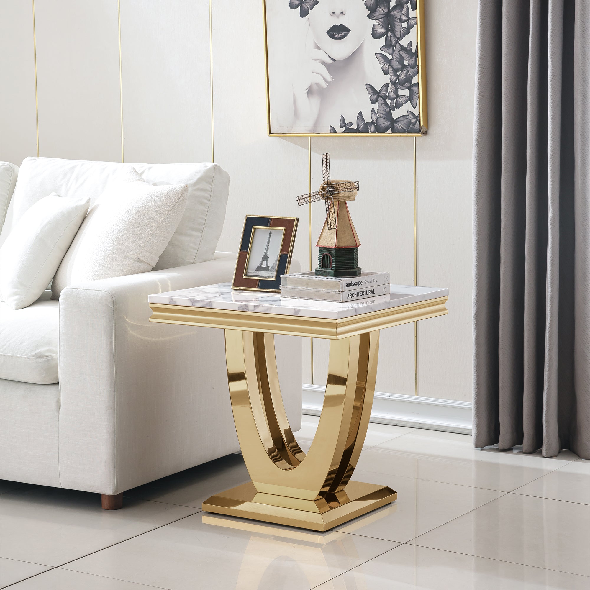END TABLE 18 MM WHITE MARBLE 201 STAINLESS STEEL GOLD MIRRORED FINISH SIZE:23.6"Lx23.6"Dx22.8"H