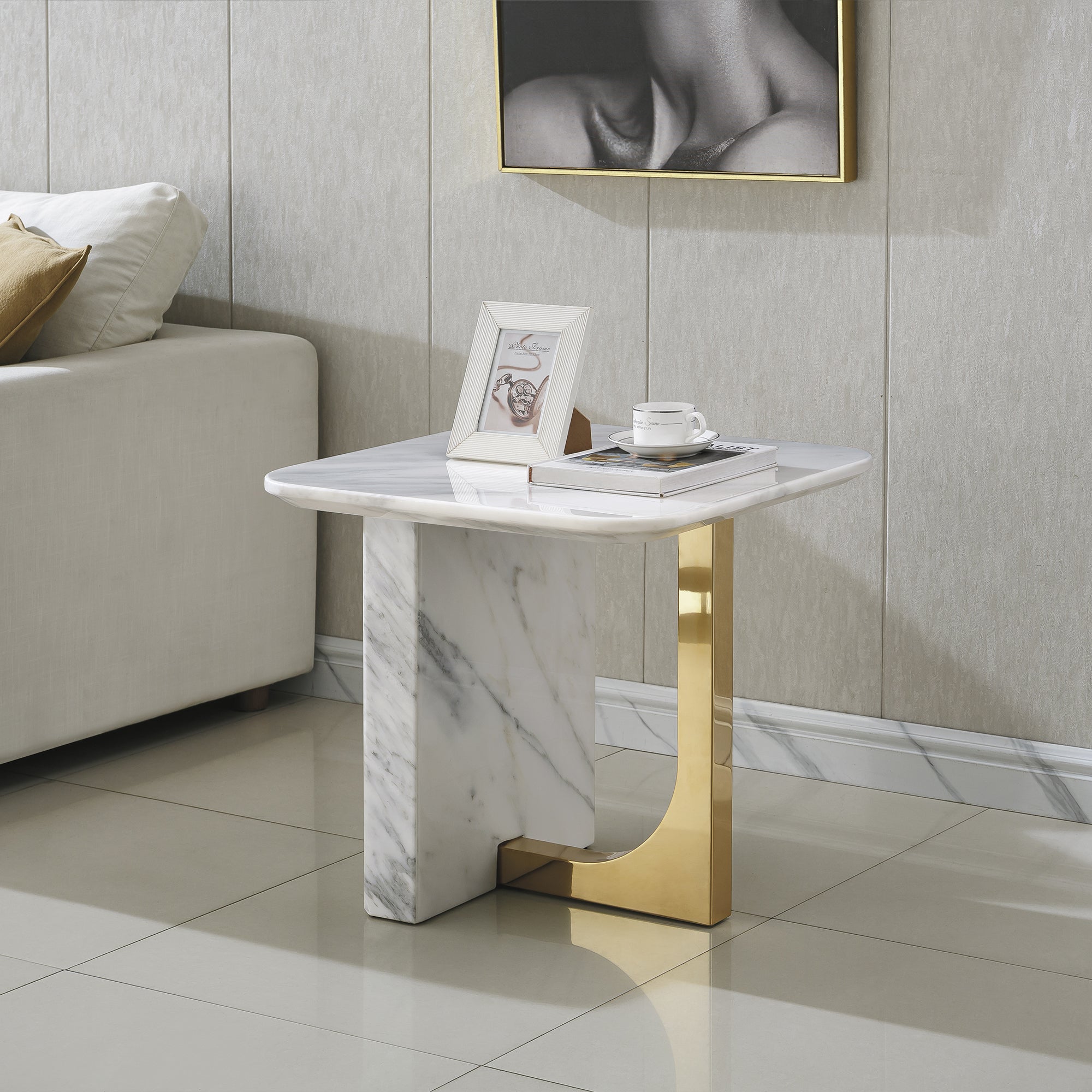 END TABLE 18 MM MARBLE PANEL BULGARIWHITE  MARBLE 201 STAINLESS STEEL GOLD MIRRORED FINISH SIZE:23.6"Lx23.6"Dx21.7"H