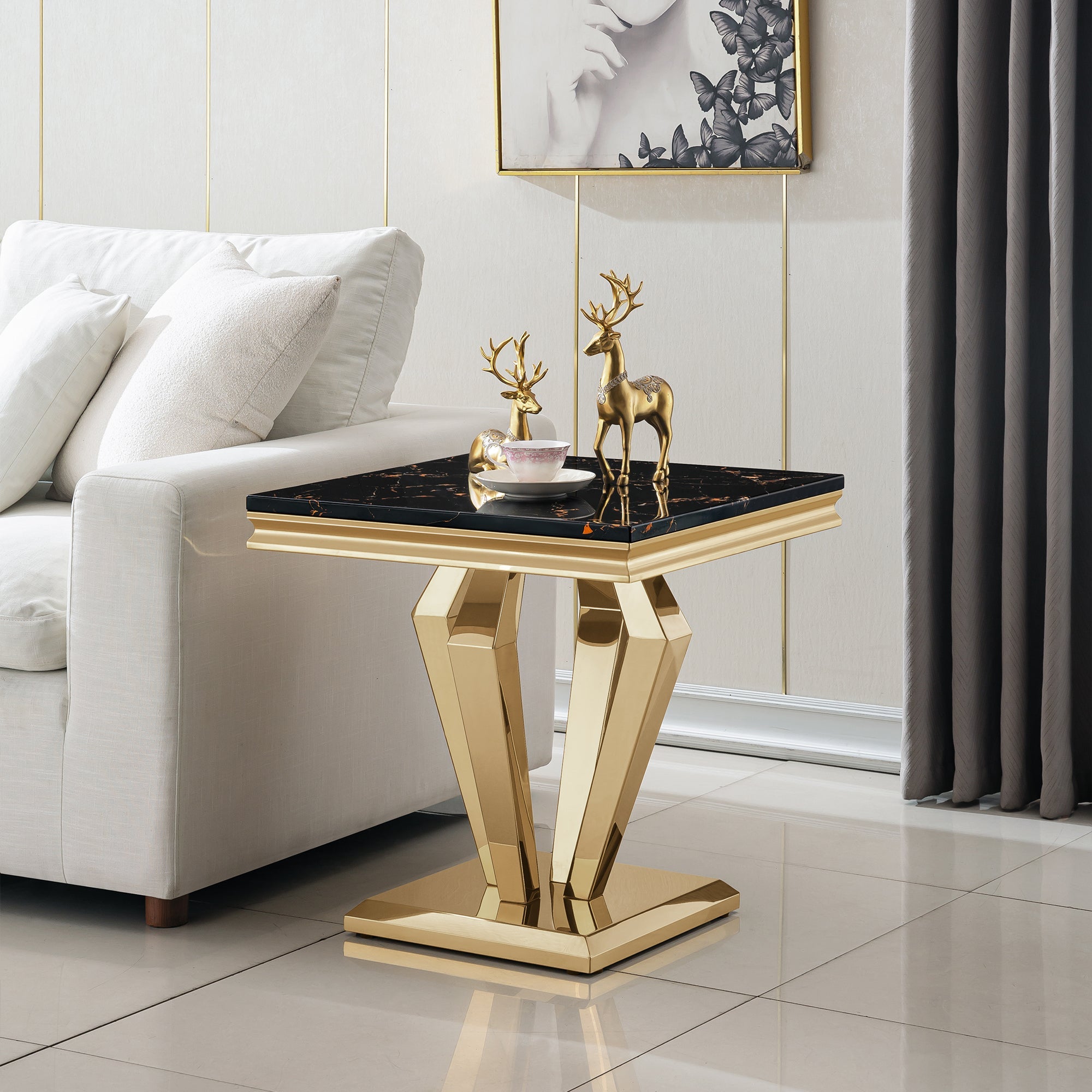 END TABLE 18 MM WHITE MARBLE 201 STAINLESS STEEL GOLD MIRRORED FINISH SIZE:23.6"Lx23.6"Dx21.7"H