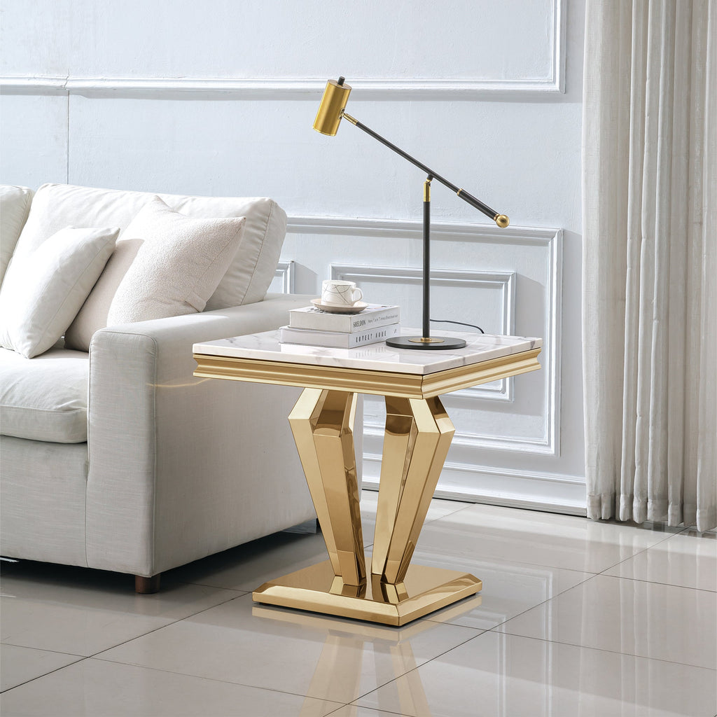 END TABLE 18 MM WHITE MARBLE 201 STAINLESS STEEL GOLD MIRRORED FINISH SIZE:23.6"Lx23.6"Dx21.7"H