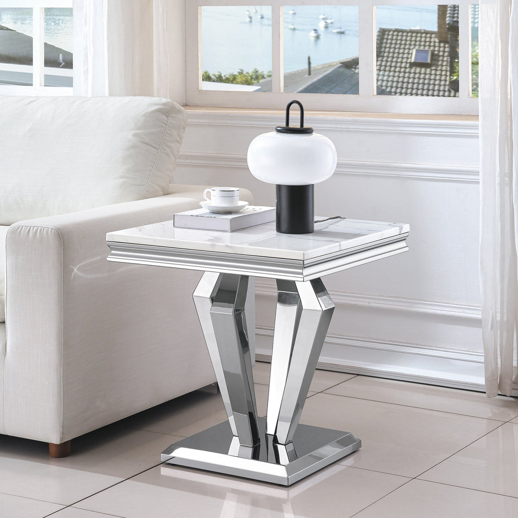 END TABLE 18 MM WHITE MARBLE 201 STAINLESS STEEL GOLD MIRRORED FINISH SIZE:23.6"Lx23.6"Dx21.7"H