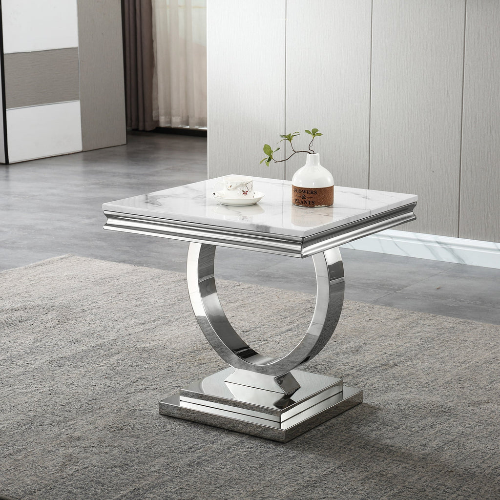 END TABLE 18 MM WHITE MARBLE 201 STAINLESS STEEL GOLD MIRRORED FINISH SIZE:23.6"Lx23.6"Dx22.8"H