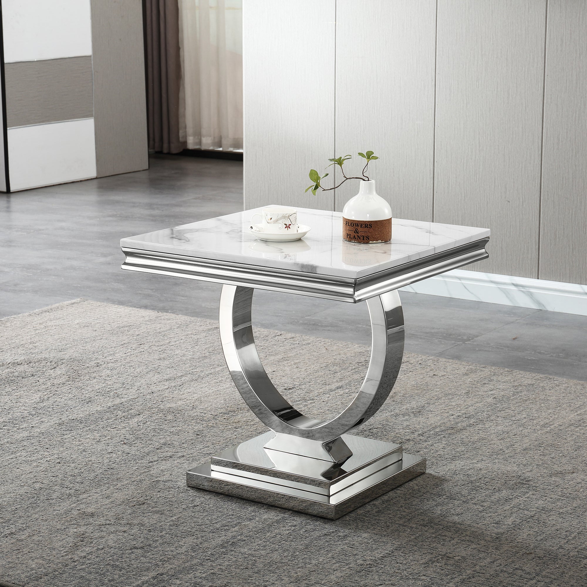 END TABLE 18 MM WHITE MARBLE 201 STAINLESS STEEL GOLD MIRRORED FINISH SIZE:23.6"Lx23.6"Dx22.8"H