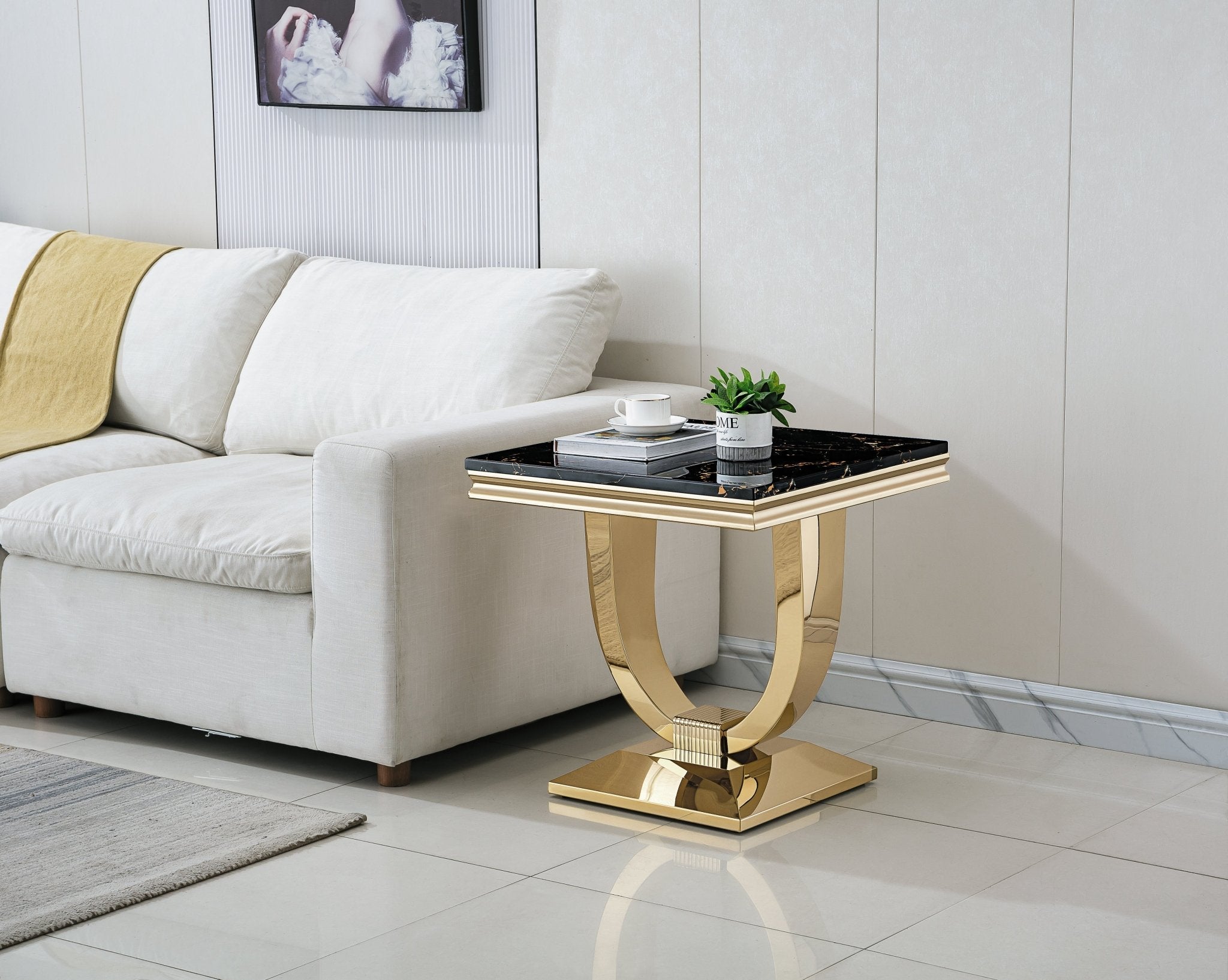 END TABLE 18 MM WHITE MARBLE 201 STAINLESS STEEL GOLD MIRRORED FINISH SIZE:23.6"Lx23.6"Dx22.8"H