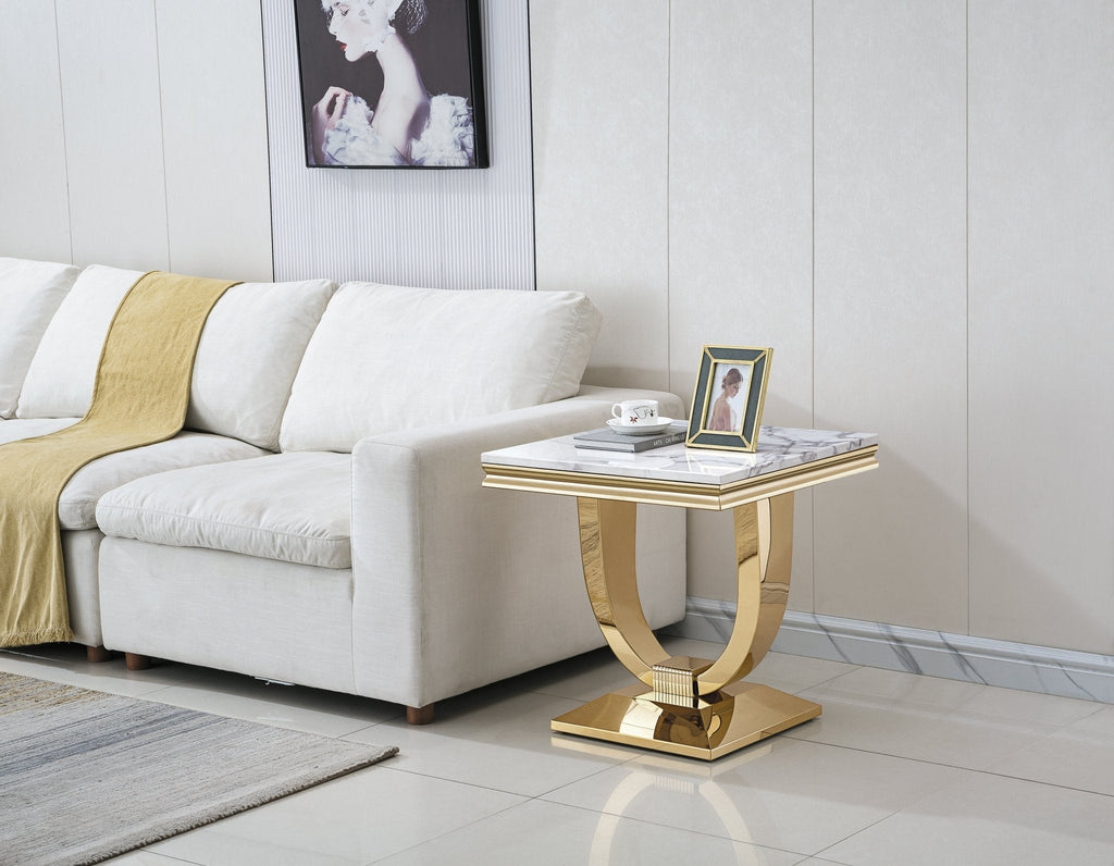 END TABLE 18 MM WHITE MARBLE 201 STAINLESS STEEL GOLD MIRRORED FINISH SIZE:23.6"Lx23.6"Dx22.8"H