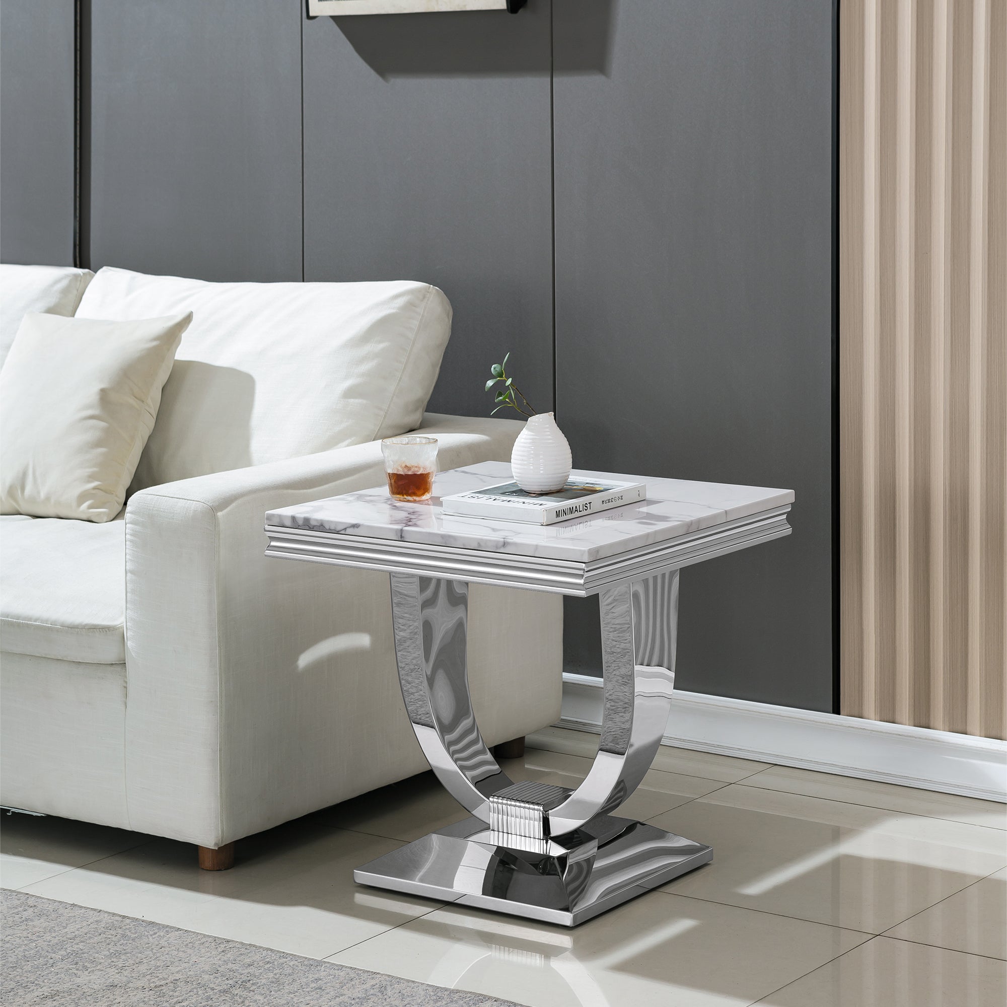 END TABLE 18 MM WHITE MARBLE 201 STAINLESS STEEL GOLD MIRRORED FINISH SIZE:23.6"Lx23.6"Dx22.8"H