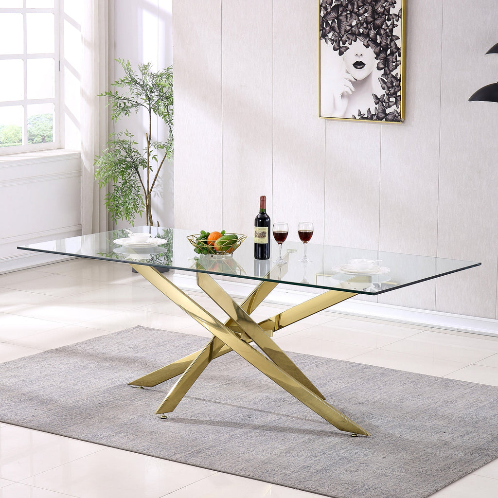 RECTANGULAR DINING TABLE 10MM TEMPERED GLASS / STAINLESS STEEL / CHROME COLOR OPTIONS: SILVER GOLD SIZES AVAILABLE: RDT919 : 51''L x 31.5''W x 30''H RDT717 : 63"L x 35.5"W x 30"H
