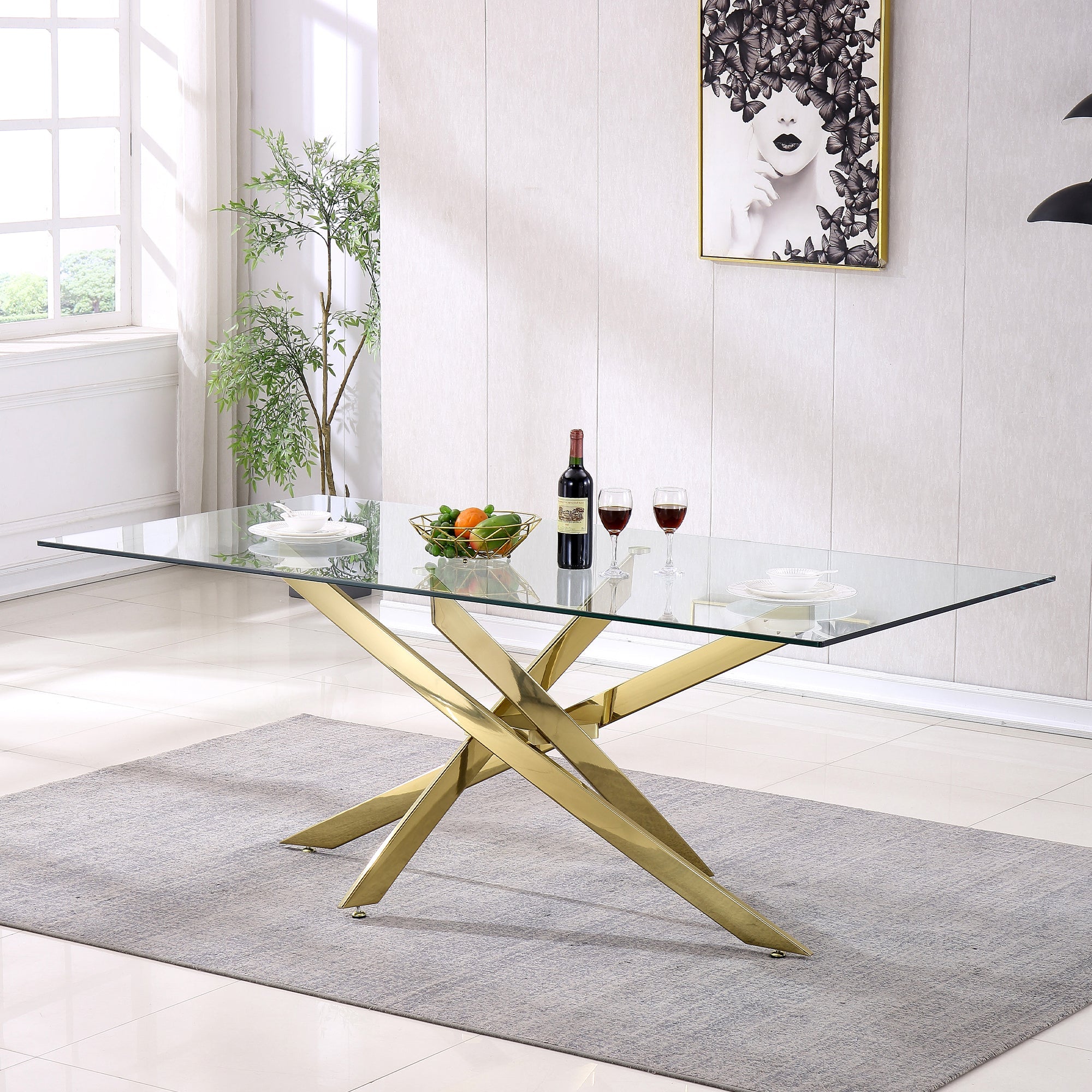 RECTANGULAR DINING TABLE 10MM TEMPERED GLASS / STAINLESS STEEL / CHROME COLOR OPTIONS: SILVER GOLD SIZES AVAILABLE: RDT919 : 51''L x 31.5''W x 30''H RDT717 : 63"L x 35.5"W x 30"H