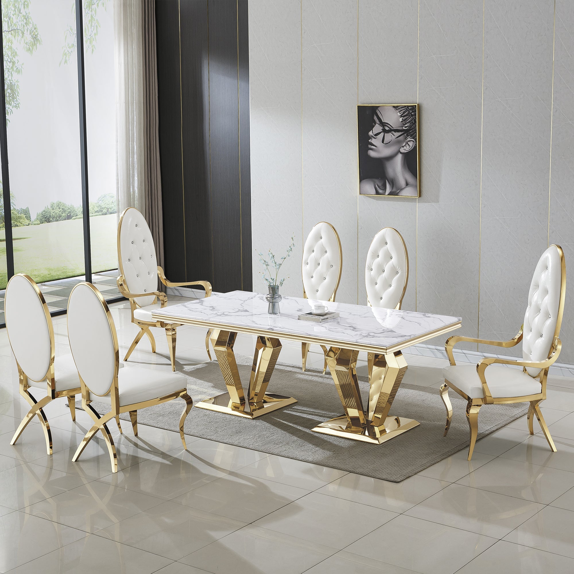 RECTANGULAR DINING TABLE 18 MM WHITE MARBLE 201 STAINLESS STEEL GOLD MIRRORED FINISH SIZE:78.7"Lx39.4"Dx29.5"H