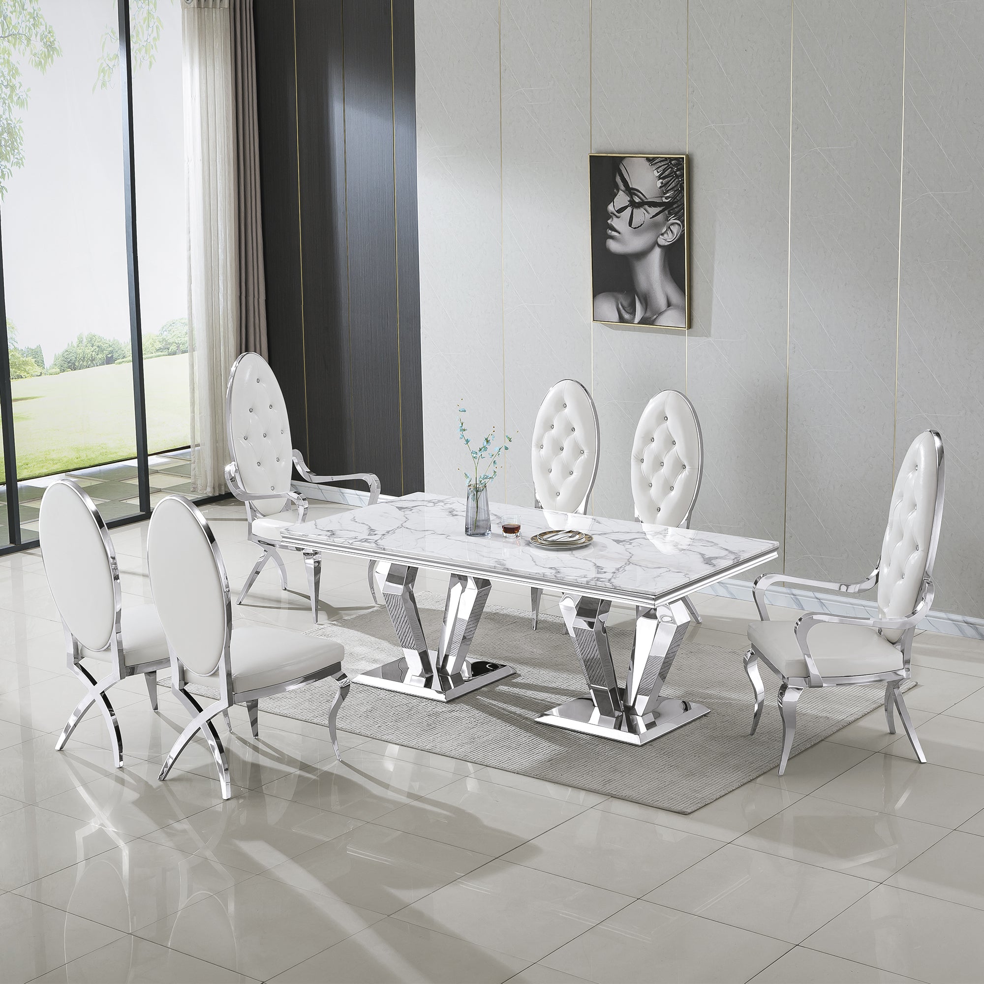 RECTANGULAR DINING TABLE 18 MM WHITE MARBLE 201 STAINLESS STEEL GOLD MIRRORED FINISH SIZE:78.7"Lx39.4"Dx29.5"H