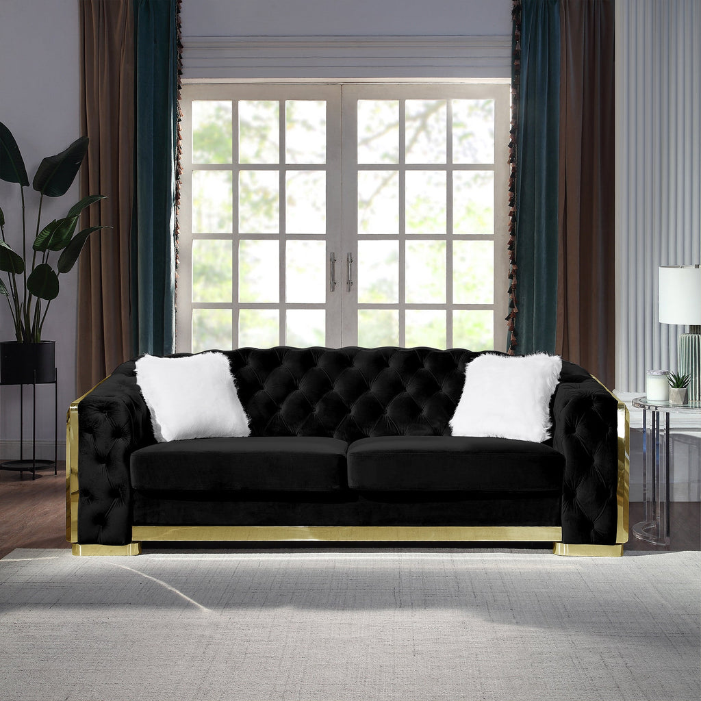 8019-2 100% POLYESTER VELVET, HIGH-DENSITY FOAM, SOLID WOOD STRUCTURE WITH 201 STAINLESS STEEL LEG Available Colors: BLACK WHITE GREY GREEN SOFA: L91.34" x D35" x H32.2" LOVESEAT: L72.8" x D35" x H36.2" CHAIR : L35" x D35.4" x H36.6" (CLICK INDIVIDUAL ITEMS AND COLOR TO VIEW PRICING)