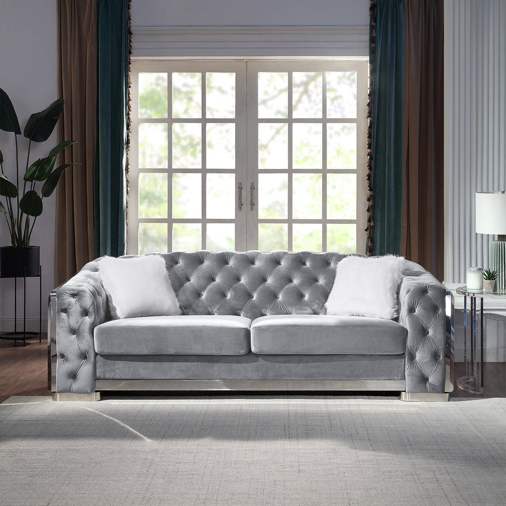 8019-2 100% POLYESTER VELVET, HIGH-DENSITY FOAM, SOLID WOOD STRUCTURE WITH 201 STAINLESS STEEL LEG Available Colors: BLACK WHITE GREY GREEN SOFA: L91.34" x D35" x H32.2" LOVESEAT: L72.8" x D35" x H36.2" CHAIR : L35" x D35.4" x H36.6" (CLICK INDIVIDUAL ITEMS AND COLOR TO VIEW PRICING)