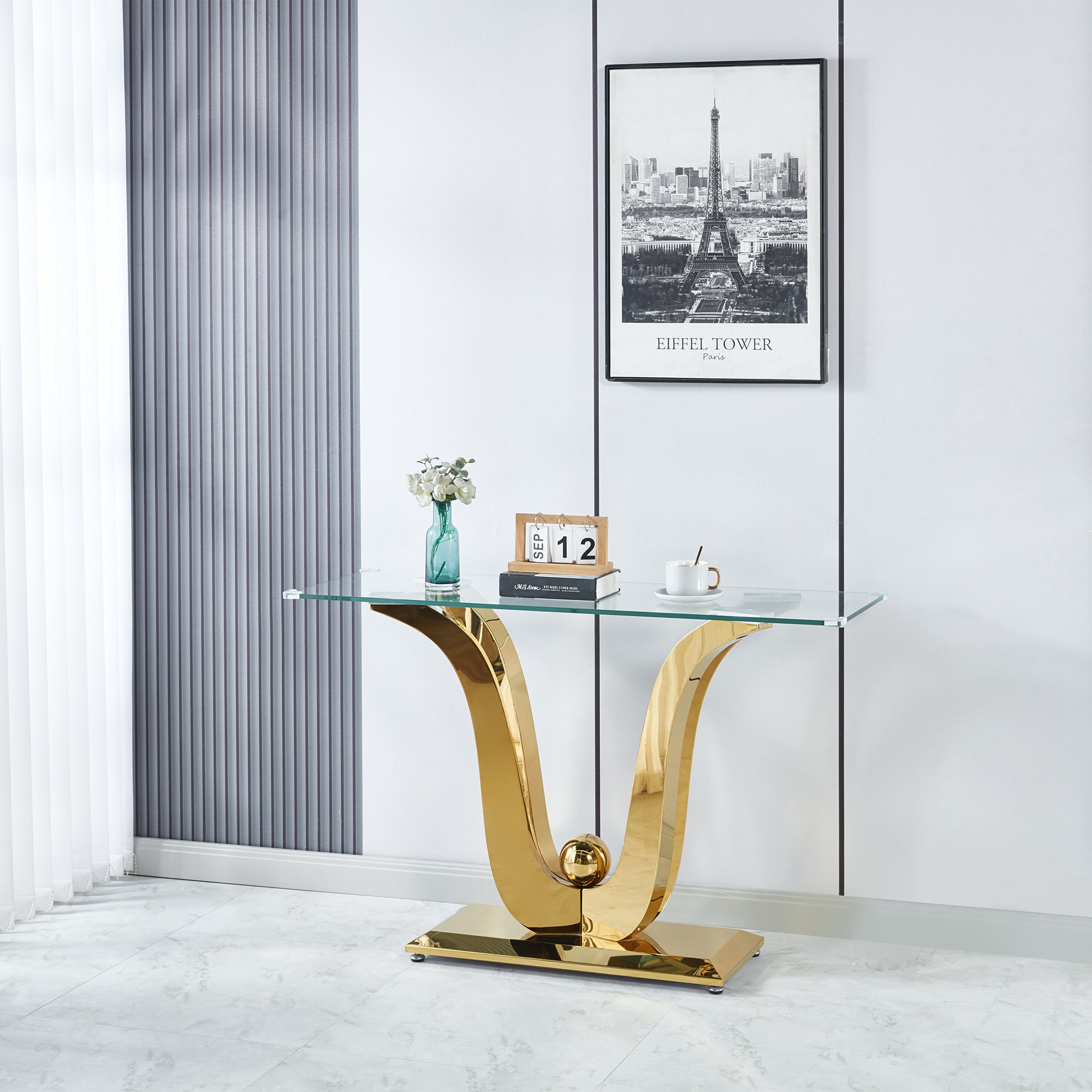 CONSOLE TABLE 10 MM TEMPERED GLASS 201 STAINLESS STEEL GOLD/SILVER MIRRORED FINISH SIZE:47.2"Lx15.8"Dx29.9"H