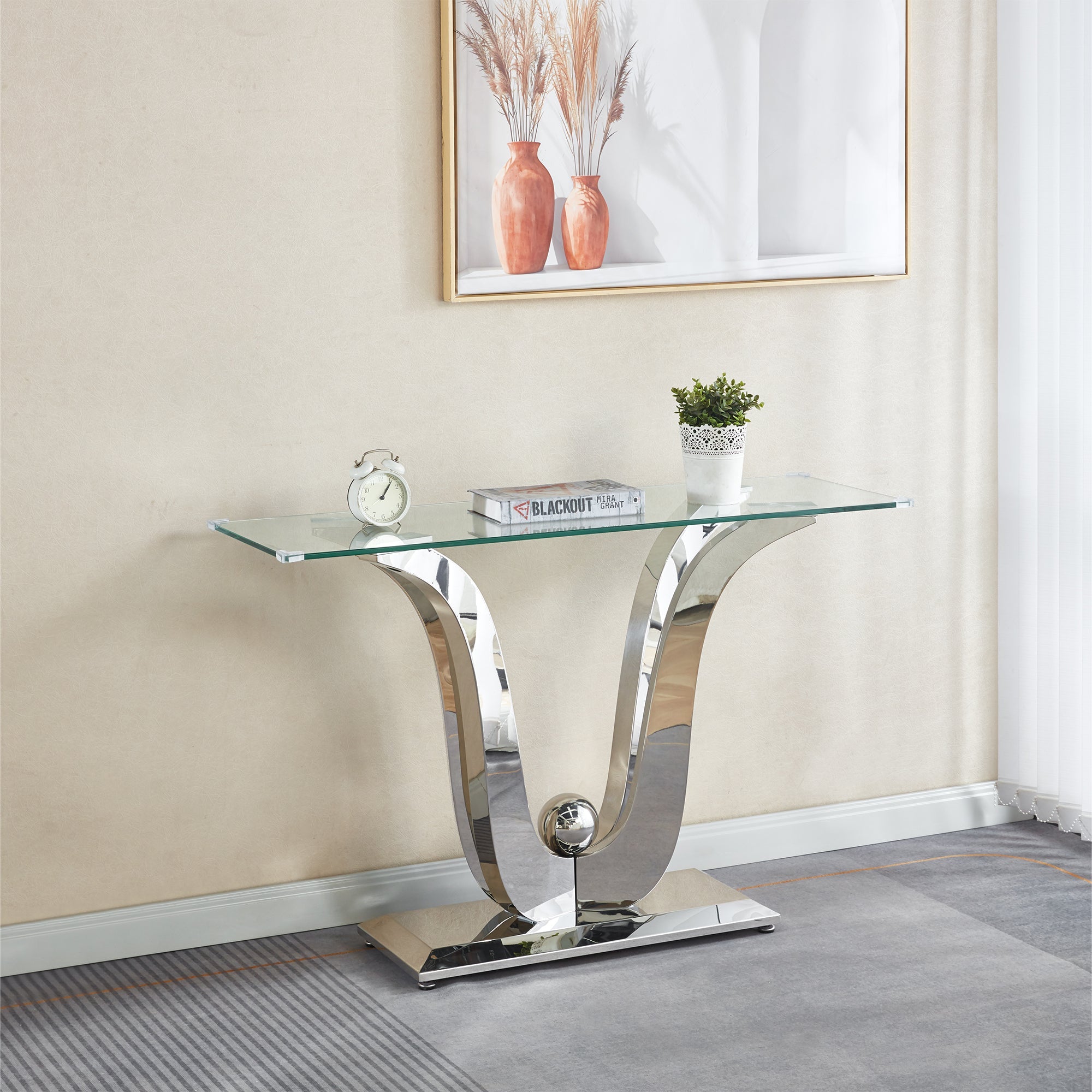 CONSOLE TABLE 10 MM TEMPERED GLASS 201 STAINLESS STEEL GOLD/SILVER MIRRORED FINISH SIZE:47.2"Lx15.8"Dx29.9"H