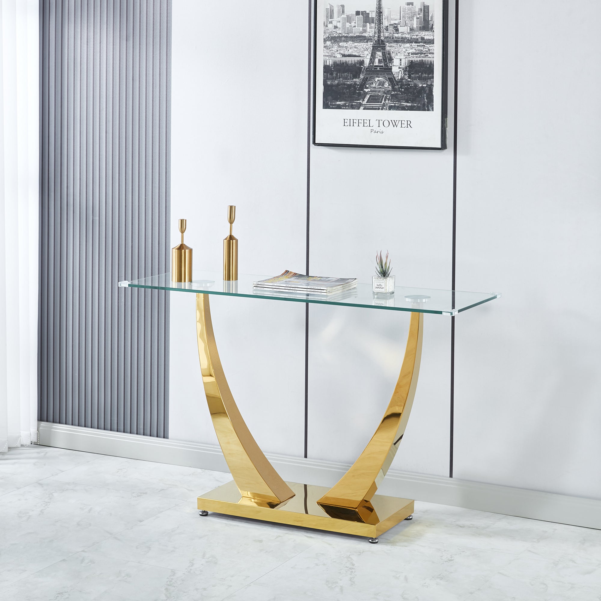 CONSOLE TABLE 10 MM TEMPERED GLASS 201 STAINLESS STEEL GOLD/SILVER MIRRORED FINISH SIZE:47.2"Lx15.8"Dx29.5"H