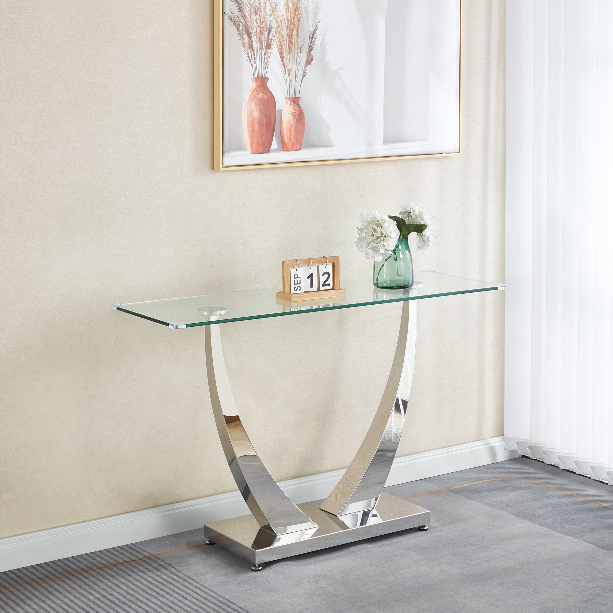 CONSOLE TABLE 10 MM TEMPERED GLASS 201 STAINLESS STEEL GOLD/SILVER MIRRORED FINISH SIZE:47.2"Lx15.8"Dx29.5"H