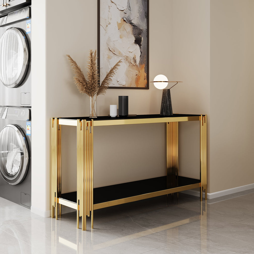 CONSOLE TABLE 8 MM CLEAR/BLACK TEMPERED GLASS 201 STAINLESS STEEL GOLD/SILVER MIRRORED FINISH SIZE:47.2"Lx15.8"Dx29.5"H