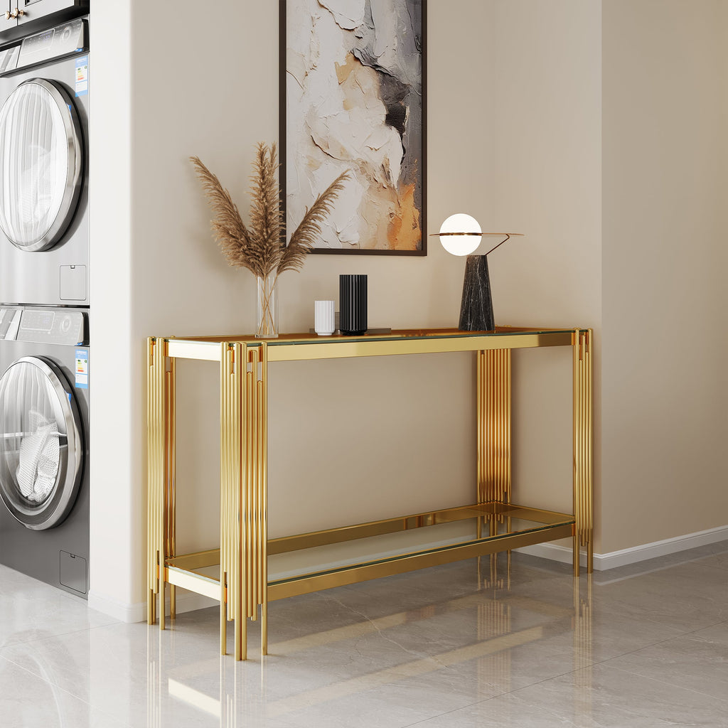 CONSOLE TABLE 8 MM CLEAR/BLACK TEMPERED GLASS 201 STAINLESS STEEL GOLD/SILVER MIRRORED FINISH SIZE:47.2"Lx15.8"Dx29.5"H