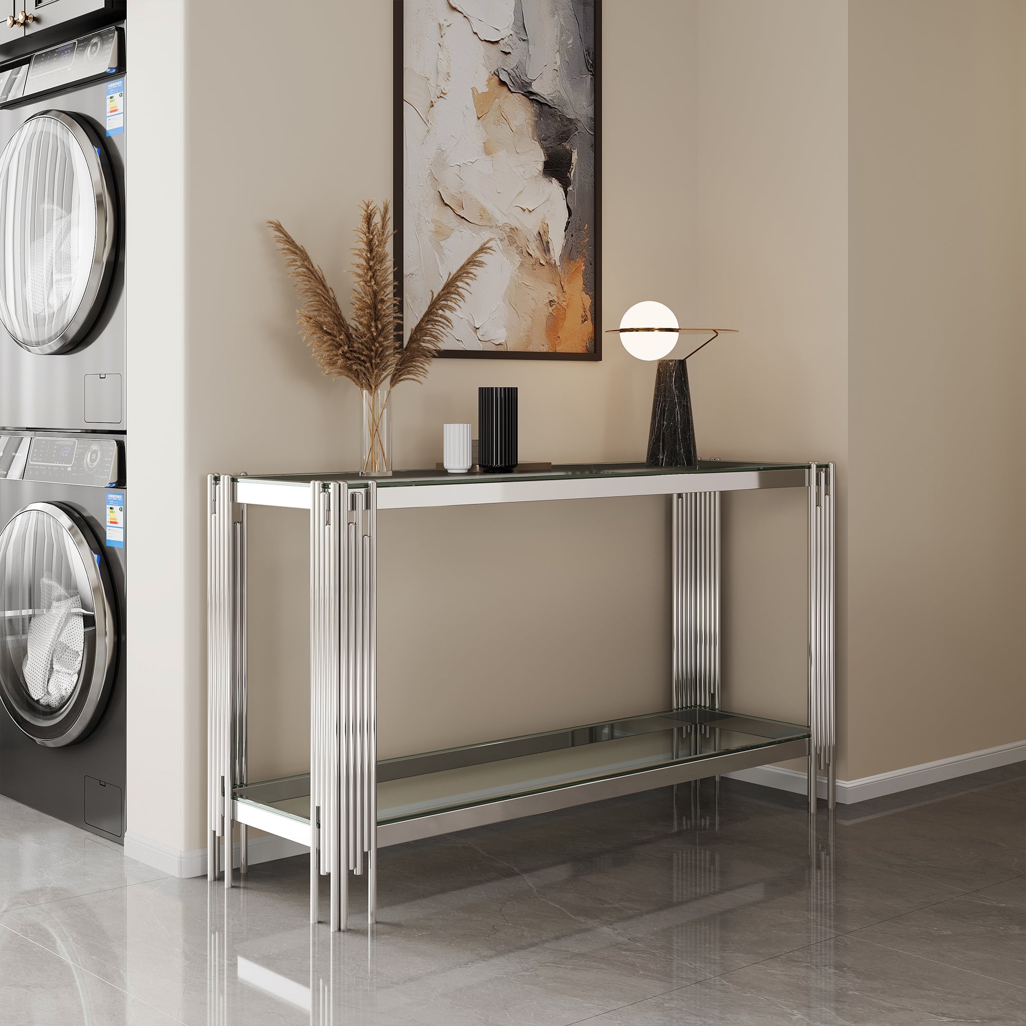 CONSOLE TABLE 8 MM CLEAR/BLACK TEMPERED GLASS 201 STAINLESS STEEL GOLD/SILVER MIRRORED FINISH SIZE:47.2"Lx15.8"Dx29.5"H