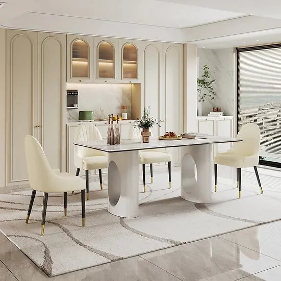 RECTANGULAR DININ G TABLE 6MM WHITE ROCK PLATE 6MM BLACK TEMPERING GLASS 15MM MDF PANEL WHITE/BLACK METAL TABLE LEGS SIZE:70.9"Lx31.5"Dx29.9"H