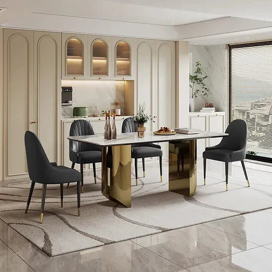 RECTANGULAR DINING TABLE 6MM WHITE ROCK PLATE 6MM BALCK TEMPERING GLASS 15MM MDF PANEL 201 STAINLESS STEEL GOLDEN/SILVER/BLACK  BRUSHED SIZE:70.9"Lx31.5"Dx29.9"H