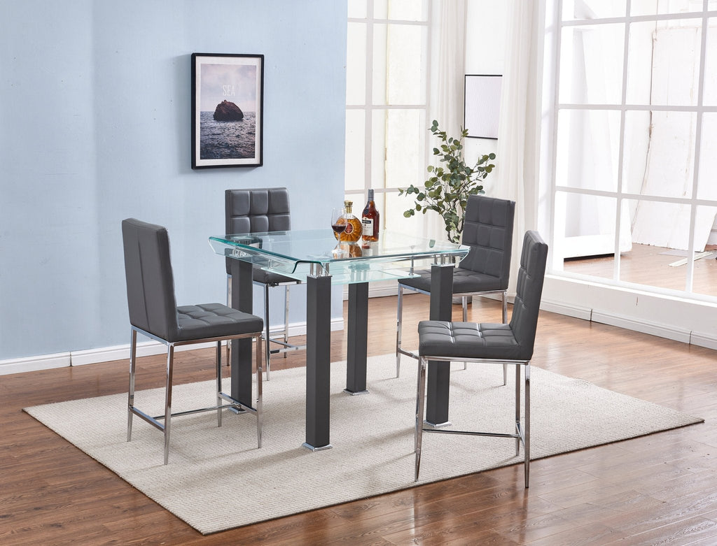 SQUARE COUNTER HEIGHT DINING TABLE SET BENDED GLASS 12MM / METAL / PU / STAINLESS STEEL / CHROME COLOR OPTIONS: WHITE BLACK GREY (SOLD AS SET) JD100 TABLE SIZE : L39.5"XW39.5"XH35.5" DC66 CHAIR SIZE : 20.5"L x 17.3"D x 40.9"H