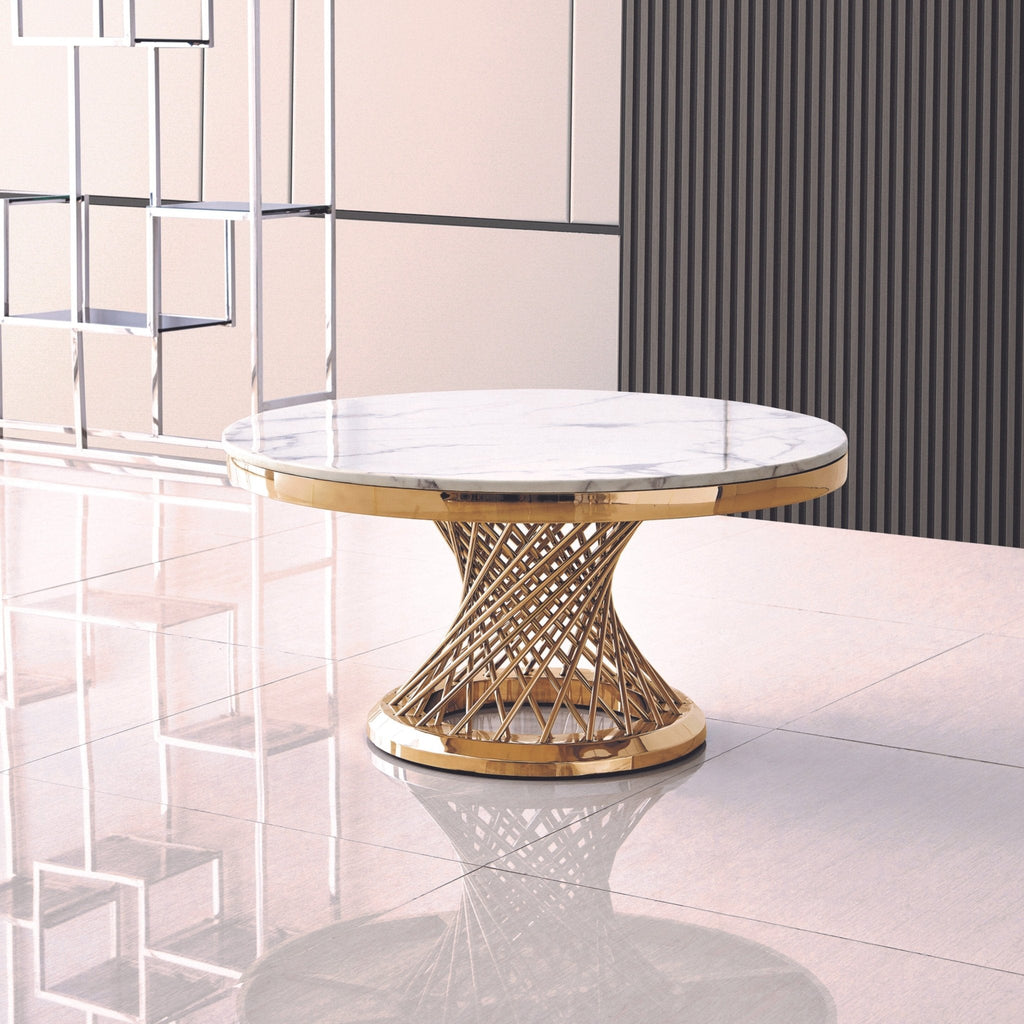 ROUND COFFEE TABLE 18 MM WHITE MARBLE 201 STAINLESS STEEL GOLD MIRRORED FINISH SIZE:35.4"Lx35.4"Dx19.7"H