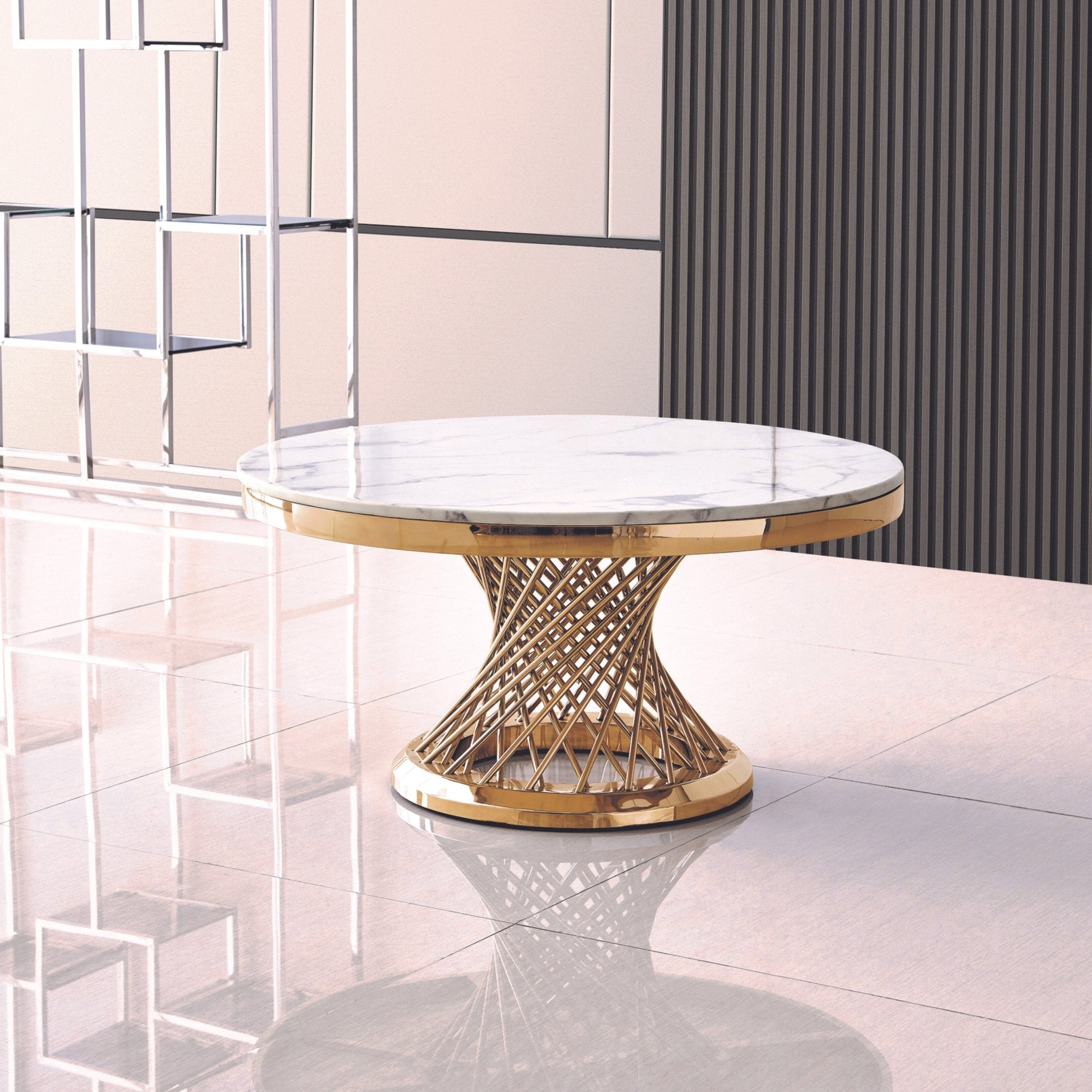 ROUND COFFEE TABLE 18 MM WHITE MARBLE 201 STAINLESS STEEL GOLD MIRRORED FINISH SIZE:35.4"Lx35.4"Dx19.7"H