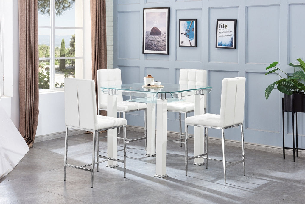 SQUARE COUNTER HEIGHT DINING TABLE SET BENDED GLASS 12MM / METAL / PU / STAINLESS STEEL / CHROME COLOR OPTIONS: WHITE BLACK GREY (SOLD AS SET) JD100 TABLE SIZE : L39.5"XW39.5"XH35.5" DC66 CHAIR SIZE : 20.5"L x 17.3"D x 40.9"H