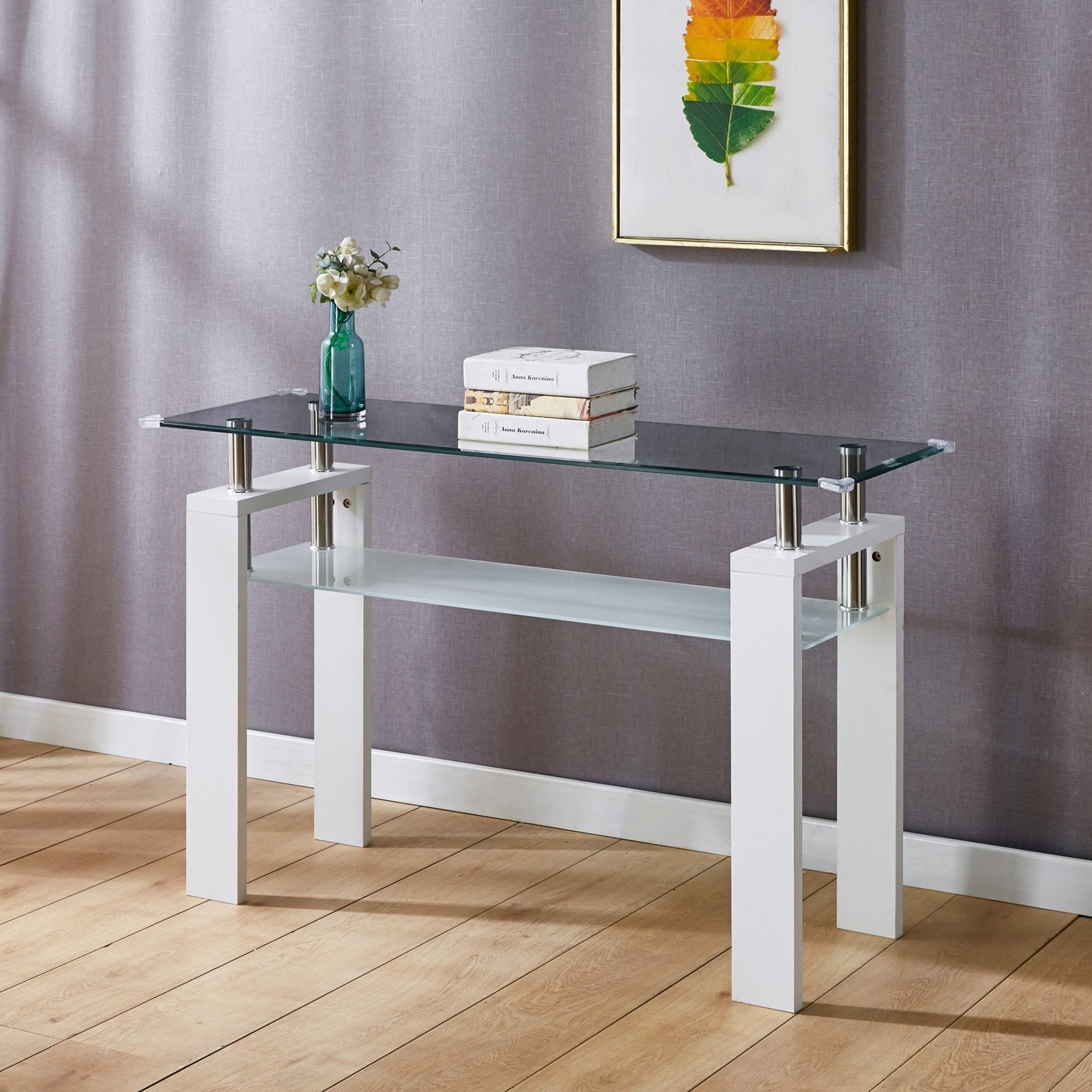 CONSOLE TABLE TEMPERED GLASS: TOP 8 MM  INNER 6 MM STAINLESS STEEL MDF BLACK/WHITE LACQUER SIZE:47"Lx16"Dx30"H