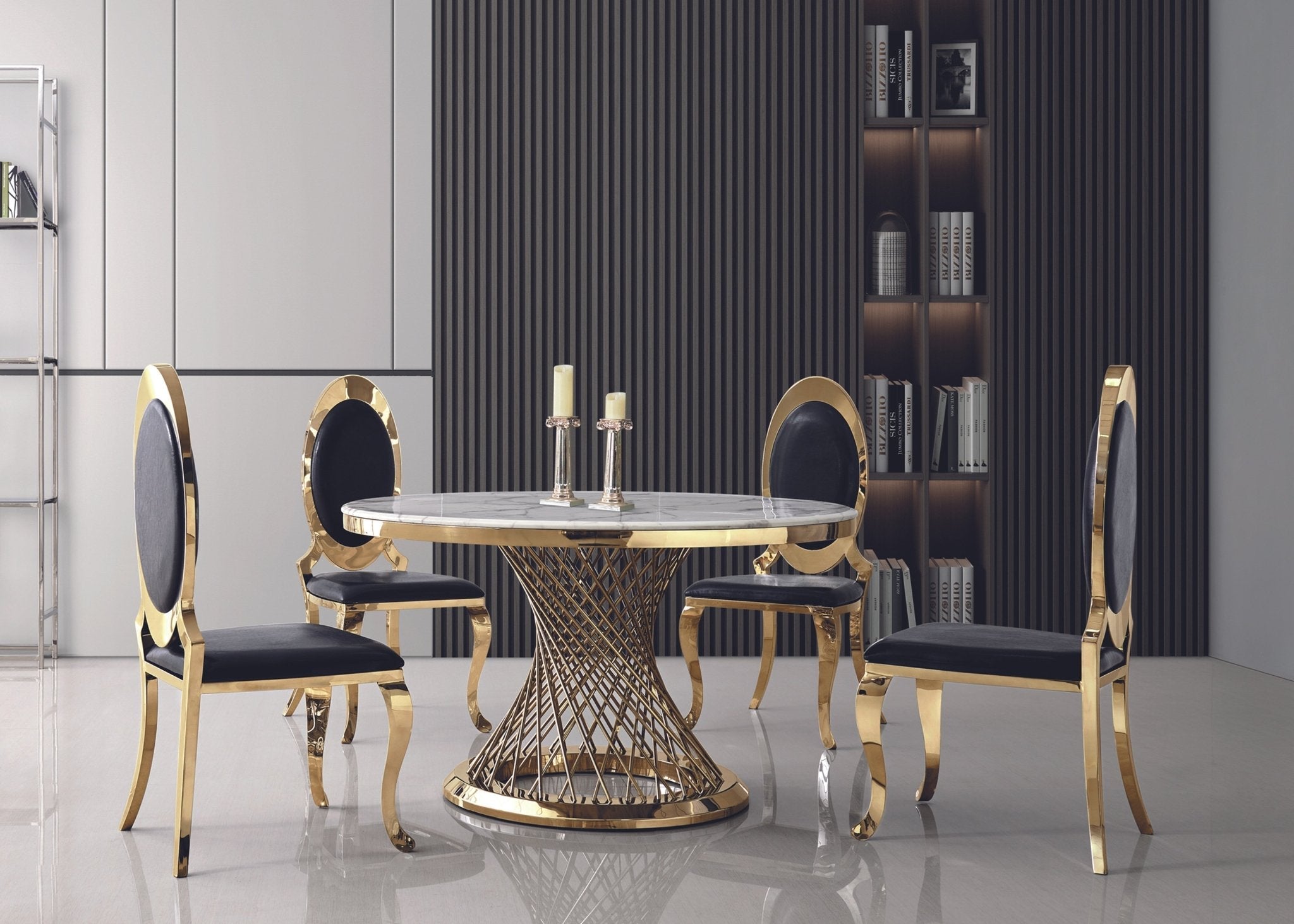 ROUND DINING TABLE 18 MM WHITE MARBLE 201 STAINLESS STEEL GOLD MIRRORED FINISH SIZE:51.2"Lx51.2"Dx29.3"H