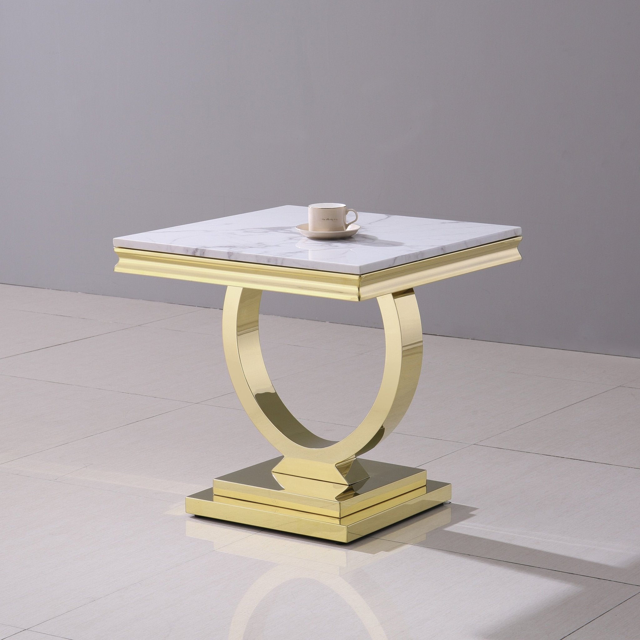 END TABLE 18 MM WHITE MARBLE 201 STAINLESS STEEL GOLD MIRRORED FINISH SIZE:23.6"Lx23.6"Dx22.8"H