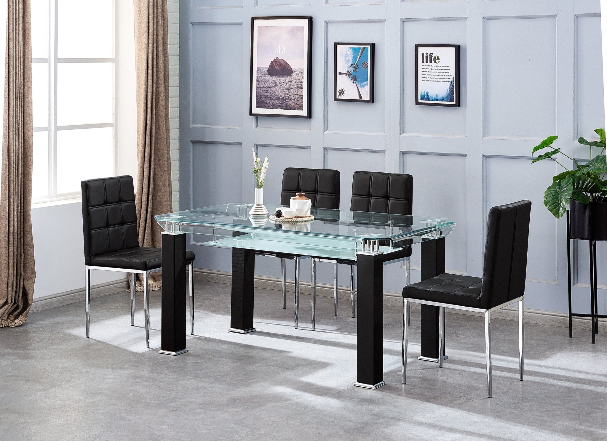 RECTANGULAR DINING TABLE BENDED THICK GLASS 12MM / METAL / PU COLOR OPTIONS: BLACK WHITE GREY SIZE : L59xW35.5xH29.5"