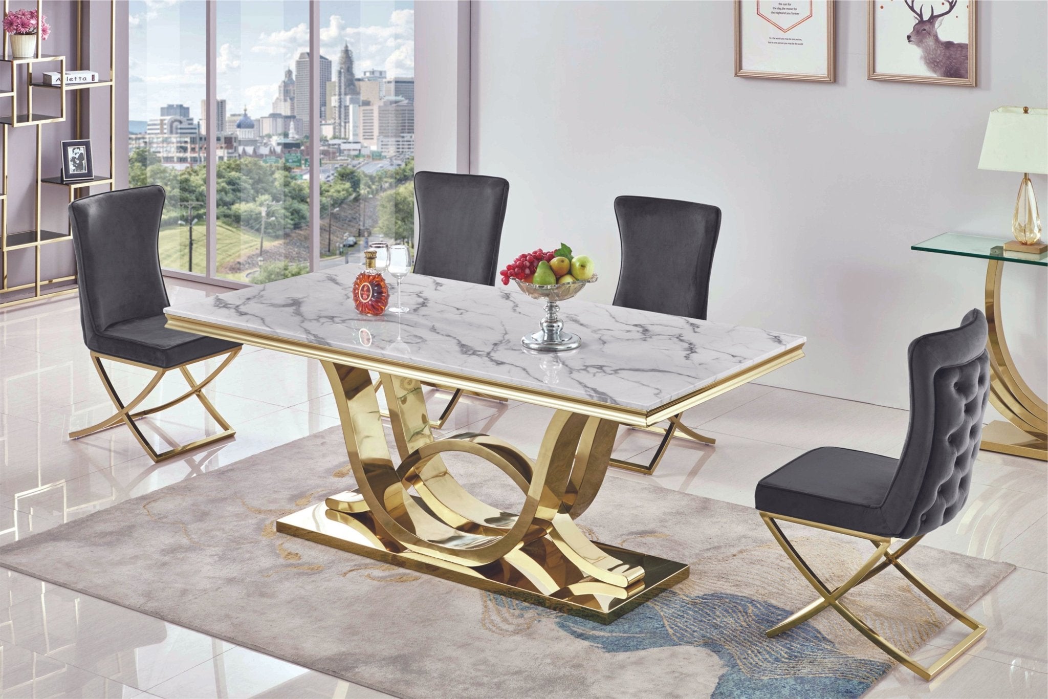RECTANGULARDINING  TABLE 18 MM WHITE MARBLE 201 STAINLESS STEEL GOLD MIRRORED FINISH SIZE:78.7"Lx39.4"Dx29.5"H