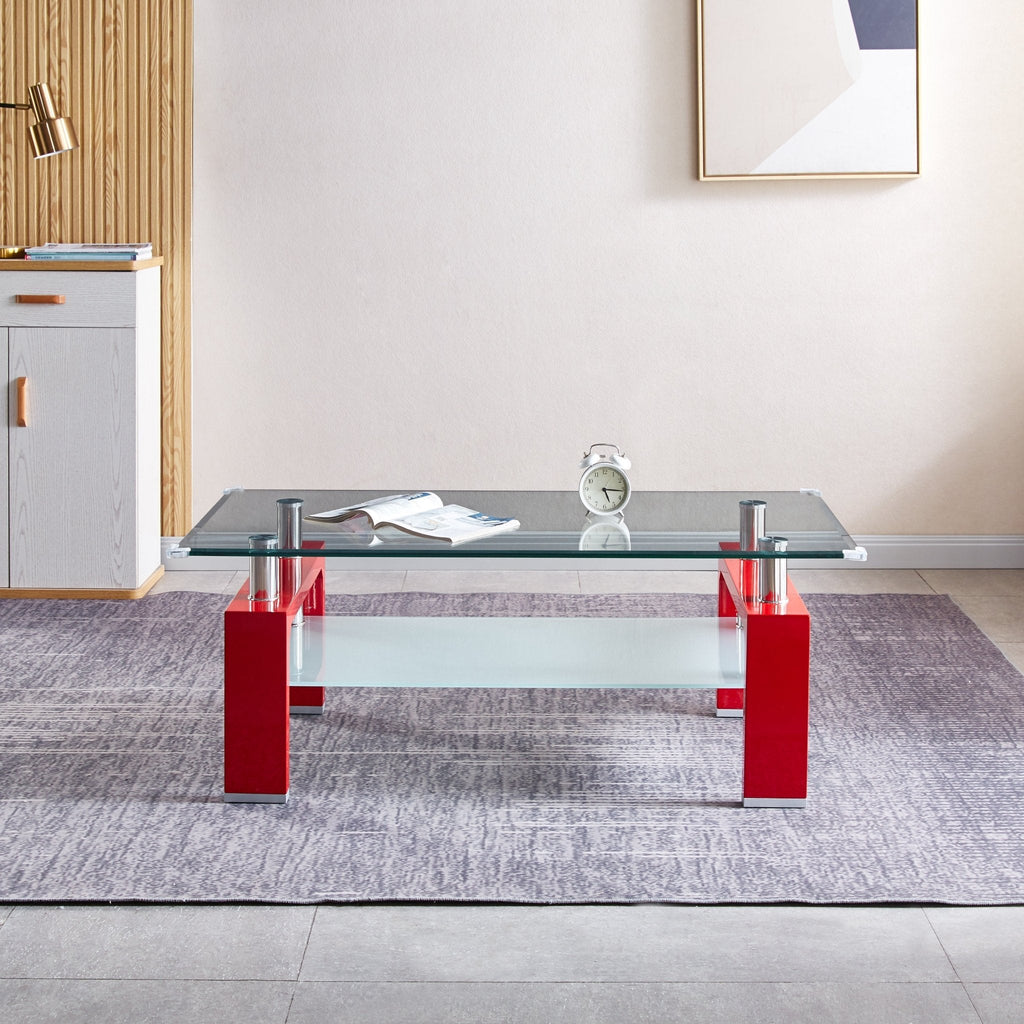 RECTANGULAR COFFEE TABLE BEVELED TEMPERED GLASS 10MM / MDF / SHINY FINISH COLOR OPTIONS: RED BLACK WHITE SIZE : L47xW23.5xH18"